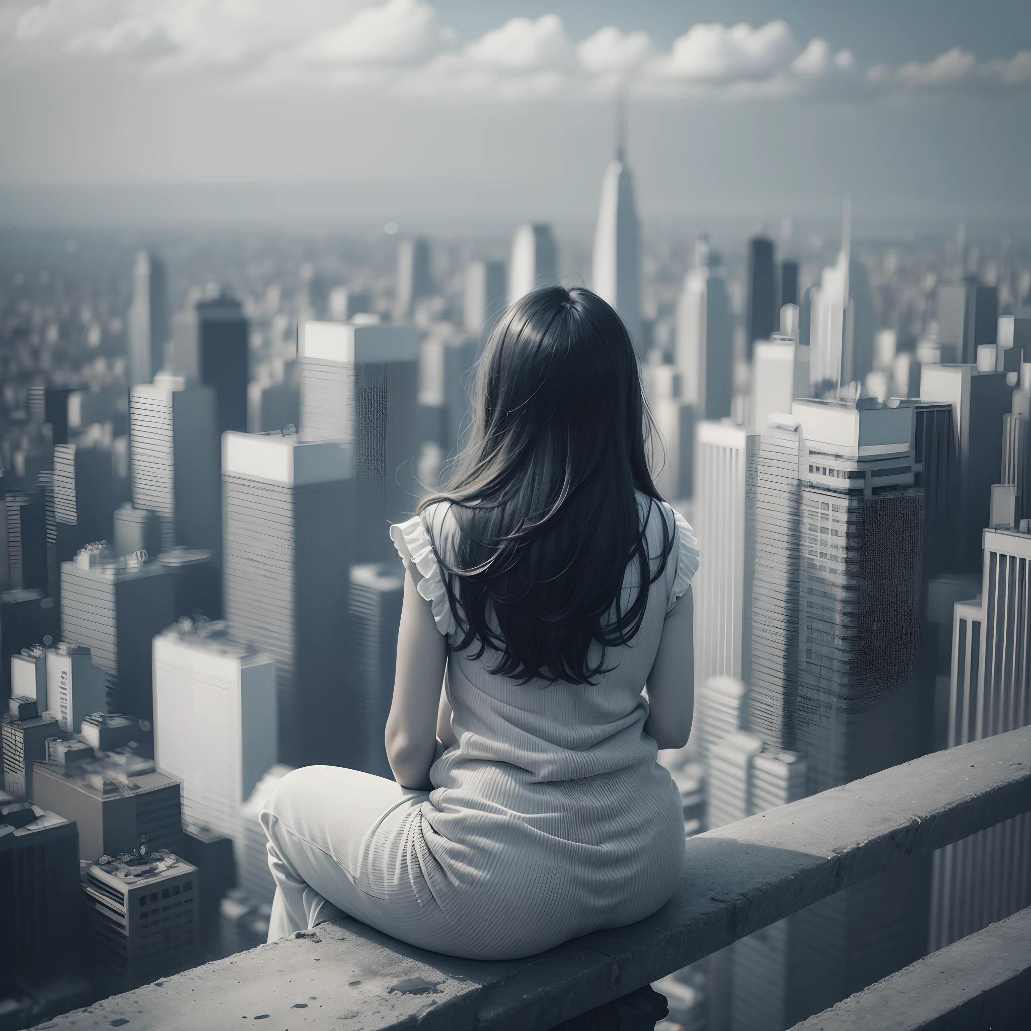 a realistic woman sitting in top of building, looking in front of city's crowd, realistic, real image, high contrast, high quality, suprrealism --auto --s2