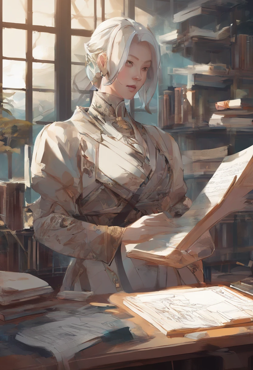 机器人, With translucent body, Sit at a desk and pick up a pen, writing on books, In the living room with books, wide vision, A hyper-realistic, ighly detailed, digitial painting, concept-art, suave, foco nítido, wide angle shooting