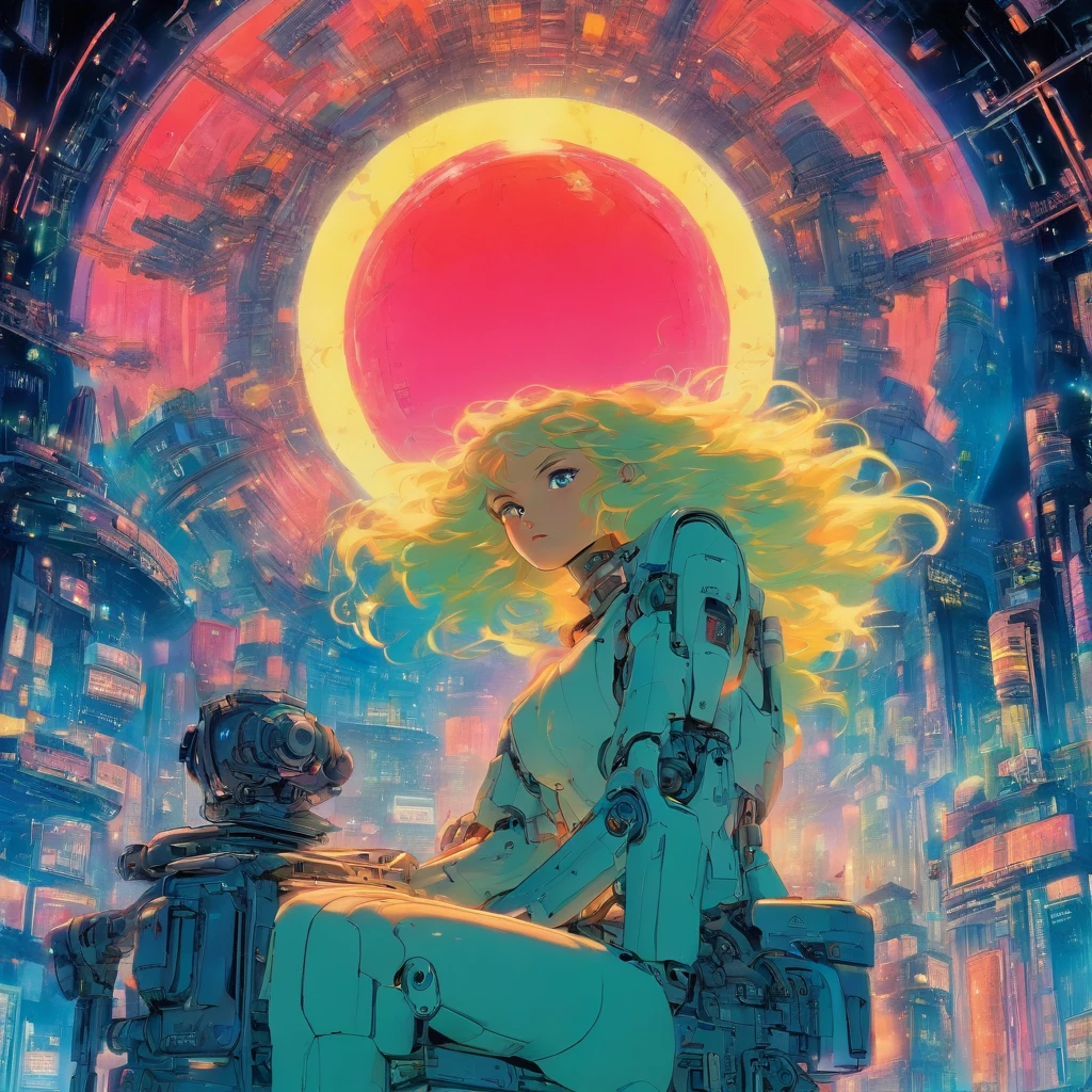 ((best quality)), ((master part)), ((Realistic)), Filme colorido 35mm 1976, celulose sci fi, Dirigido por Fred M Wilcox, Shot at Mitchell BNC camera blonde woman in makeup, on a chair with a glass dome over his head, analogue photography, Directed by: Stanley Kubrick, tiro largo, sozinho, luz do dia, on eye level, Scenic, master part :0.5 And hyperrealistic cyberpunk robot. Obra-prima de arte digital altamente detalhada, suave cam de soft light |, angle of alone HD 8 K, foco nítido :0.5