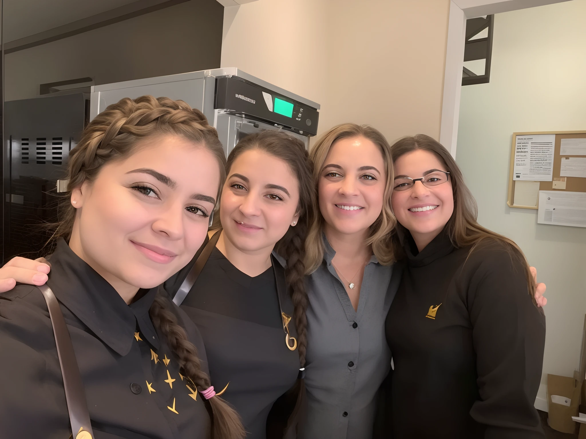 Quatro pessoas na frente de uma loja com uma fachada preta escrito Kopenhagen em dourado, uma loja de chocolates, com presentes na parte interna da loja. The four of them embraced, uma menina branca com olhos azuis, cabelo loiro escuro, sardas, large eyelashes, sobrancelhas arqueadas, nariz pequeno, hair with braids, boca media vermelha. Uma menina branca com olhos castanhos, algumas pintinhas pelo rosto, cabelo preto, cilios grande, com nariz pequeno, sobrancelhas levemente arqueadas, Medium pink mouth. Uma menina branca com cabelo castanho escuro, pintas perto do nariz, duas pintas na boca, Medium pink mouth, nariz pequeno, sobrancelhas arqueadas, large eyelashes, olhos castanho-escuro. Uma mulher branca meio amarelada, Black Rounded Glasses, cabelo curto enrolado nas pontas, medium mouth, nariz pequeno