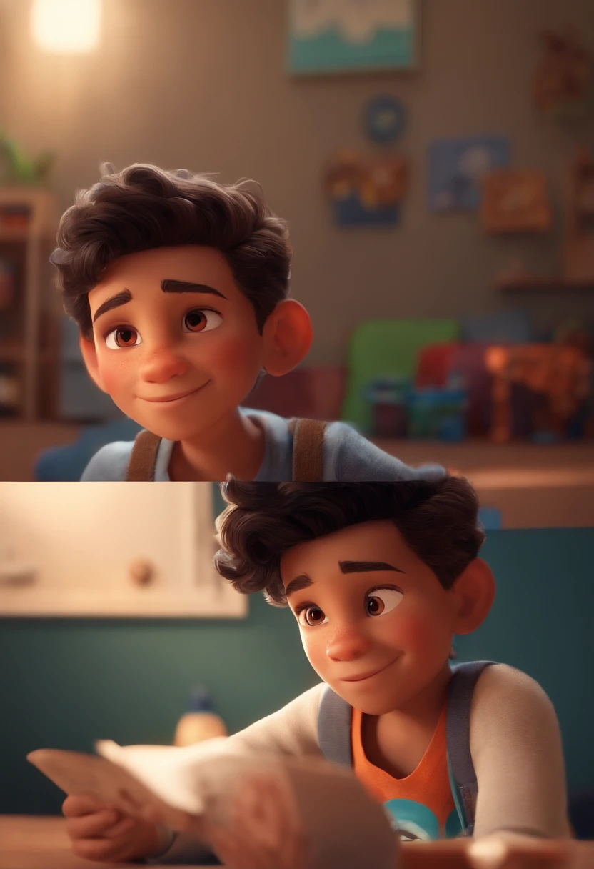 Image of a boy for a story in a YouTube video in Pixar format, He's the little allabester, He's the class leader, He's outgoing, Playful and gets up for a lot of things, cabelo curto