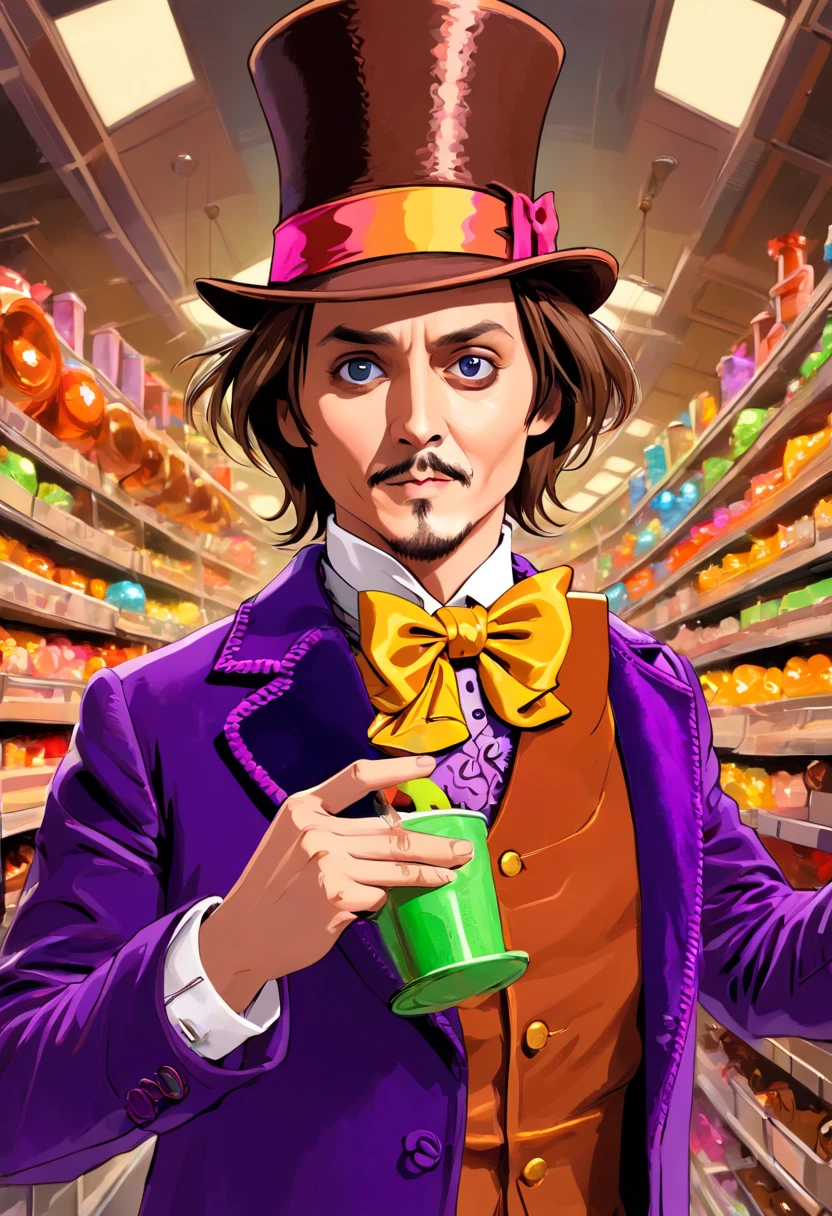 (((close rosto (Johnny Depp personagem Willy Wonka) The Fantastic Chocolate Factory))), (((brigadeiros bar in hand))), editorial photo Vogue Italy, movies on Hasselblad H4D 200MS Digital Camera, (((Ultra realista))), (((super detalhada))), foto natural, Filmed by professional camera, corte americano, corte americano, enquadramento americano, HDR, 16k