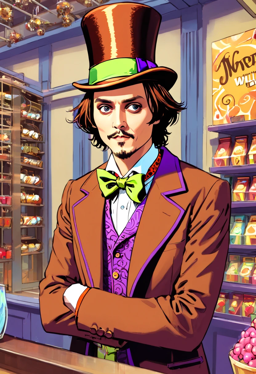 (((close rosto (Johnny Depp personagem Willy Wonka) The Fantastic Chocolate Factory))), (((brigadeiros bar in hand))), editorial photo Vogue Italy, movies on Hasselblad H4D 200MS Digital Camera, (((Ultra realista))), (((super detalhada))), foto natural, Filmed by professional camera, corte americano, corte americano, enquadramento americano, HDR, 16k