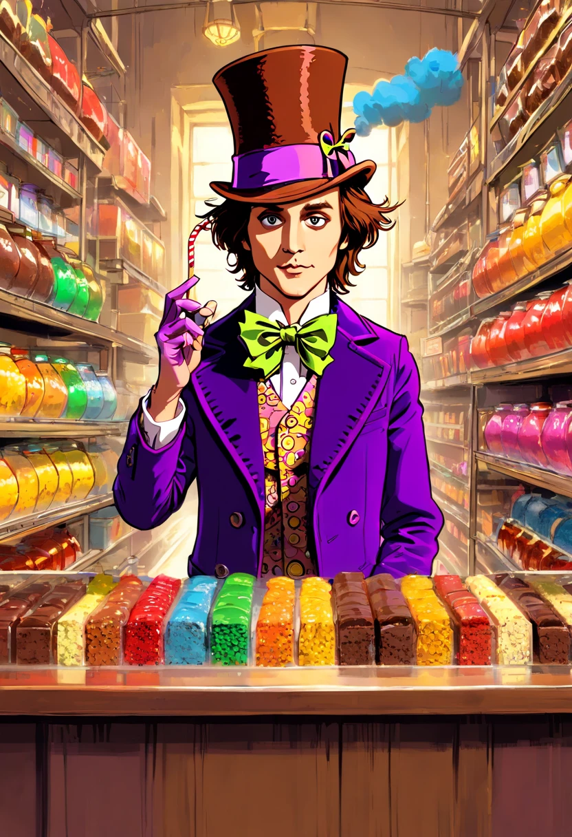 (((close rosto (Johnny Depp personagem Willy Wonka) The Fantastic Chocolate Factory))), (((brigadeiros bar in hand))), editorial photo Vogue Italy, movies on Hasselblad H4D 200MS Digital Camera, (((Ultra realista))), (((super detalhada))), foto natural, Filmed by professional camera, corte americano, corte americano, enquadramento americano, HDR, 16k