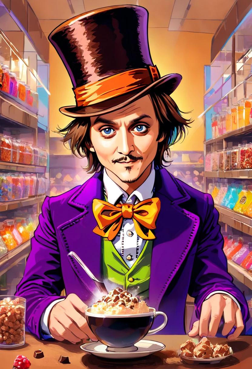 (((close rosto (Johnny Depp personagem Willy Wonka) The Fantastic Chocolate Factory))), (((brigadeiros bar in hand))), editorial photo Vogue Italy, movies on Hasselblad H4D 200MS Digital Camera, (((Ultra realista))), (((super detalhada))), foto natural, Filmed by professional camera, corte americano, corte americano, enquadramento americano, HDR, 16k