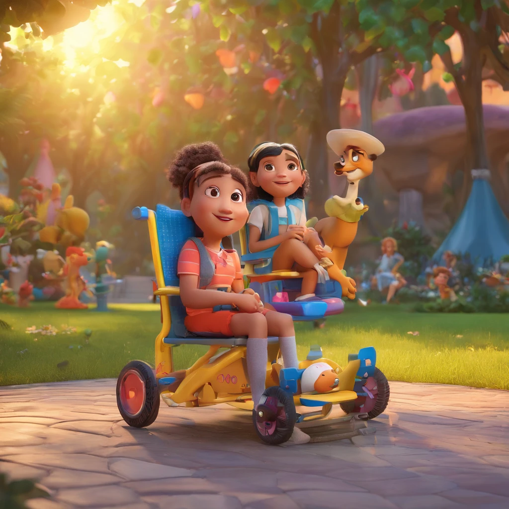 create a 3D movie poster inspired by Disney Pixar, The scene should be in Pixar's signature digital art style, with an image of children of various ethnicities playing in a park, containing a child in a wheelchair, with colorful scenery