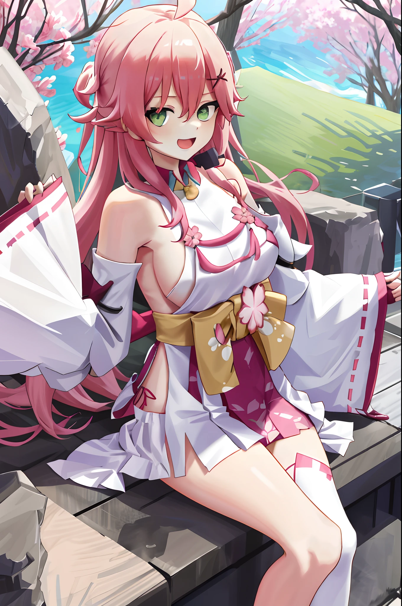 masterpiece, best quality, highres, miko1, sakura_miko, 1girl, big_boobs, solo, ahoge, x_hair_ornament, pink_hair, floral print, hairclip,(side_less_clothes:1.5), (side_boobs:1.5), hair_bell, floral print, long_hair, hair between eyes, one side up, white thighhighs, asymmetrical legwear, wide sleeves, open_mouth,(happy:1.3),green_eyes,big_smile,(raise_leg:1.3),plump,apart_legs,(overly_long_sleeves:1.3),),sleeves_past_wrists,hands_hidden_sleeves,sidelock_clothes,solo,hidden_wrists,(XD:1.5),covered_nipples,plump,sunlight,(bare_flank:1.3)