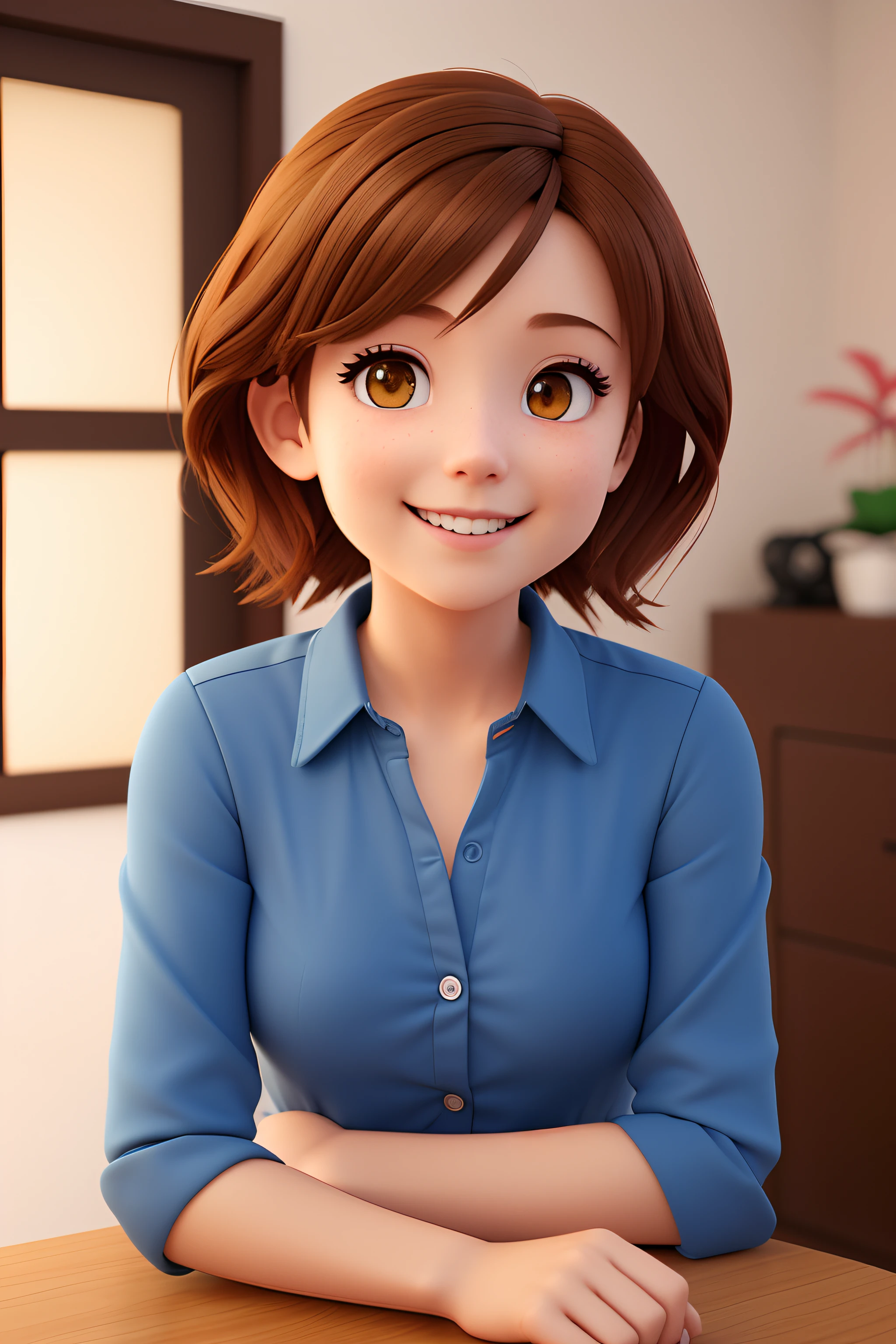 cartoon woman sitting at a table with a smile on her face, render of a cute 3d anime girl, pixar portrait 8 k photo, semi - realistic render, super detailed render, render of april, cute 3 d render, short brown hair and large eyes, smooth anime cg art, promotional render, photorealistic anime girl render, smooth 3d cg render, full body pose, t-pose body for easy animation, high quality render, high quality shadows, high quality details.