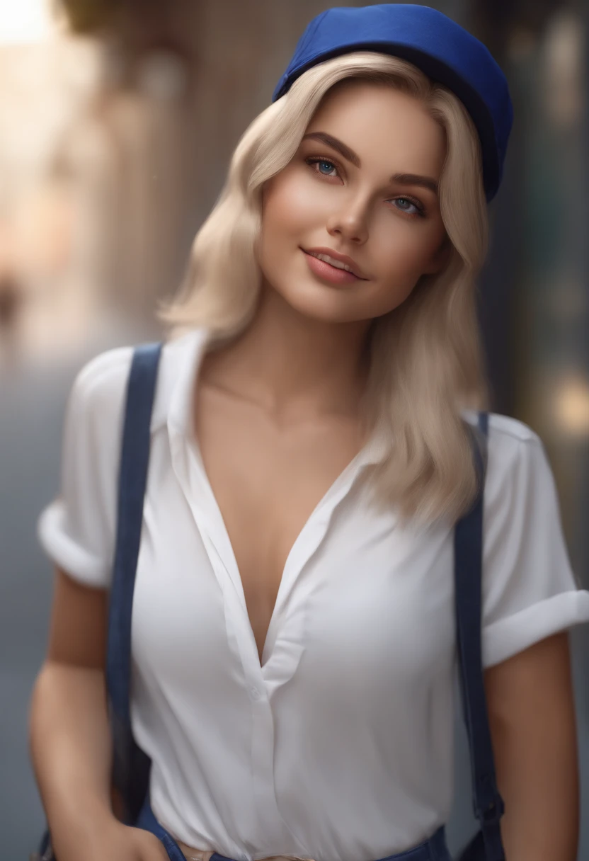 A happy cute gurl 17 years old, blond medium hairstanding short hair with dark blue cap , vestindo uma camisa azul , , fundo branco, barnet, Tom, Estilo Pixar, ......3d, desenhos animados, rosto detalhado, asymmetrical 16k