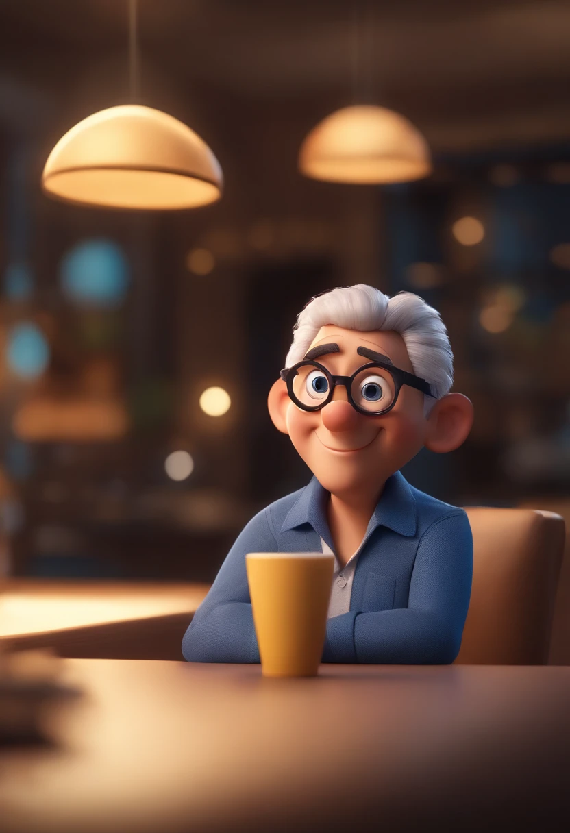Cartoon character of a man wearing black glasses and a blue shirt, um personagem animado, Caractere estilizado, animation style rendering, 3D estilizado, Arnold Maya render, 3 d render stylized, toon render keyshot, Personagem 3D, Personagem 3D, 3d rendering stylized, 3 d character render, personagem de desenho animado, Personagem de close up, Pose de personagem, (Estilo Pixar) (master part:1.2) (Bokeh) (best quality) (pele detalhada) (textura detalhada) (8k) (argila) (Cinematic lighting) (foco nítido，Senta e vaza a parte superior do corpo
