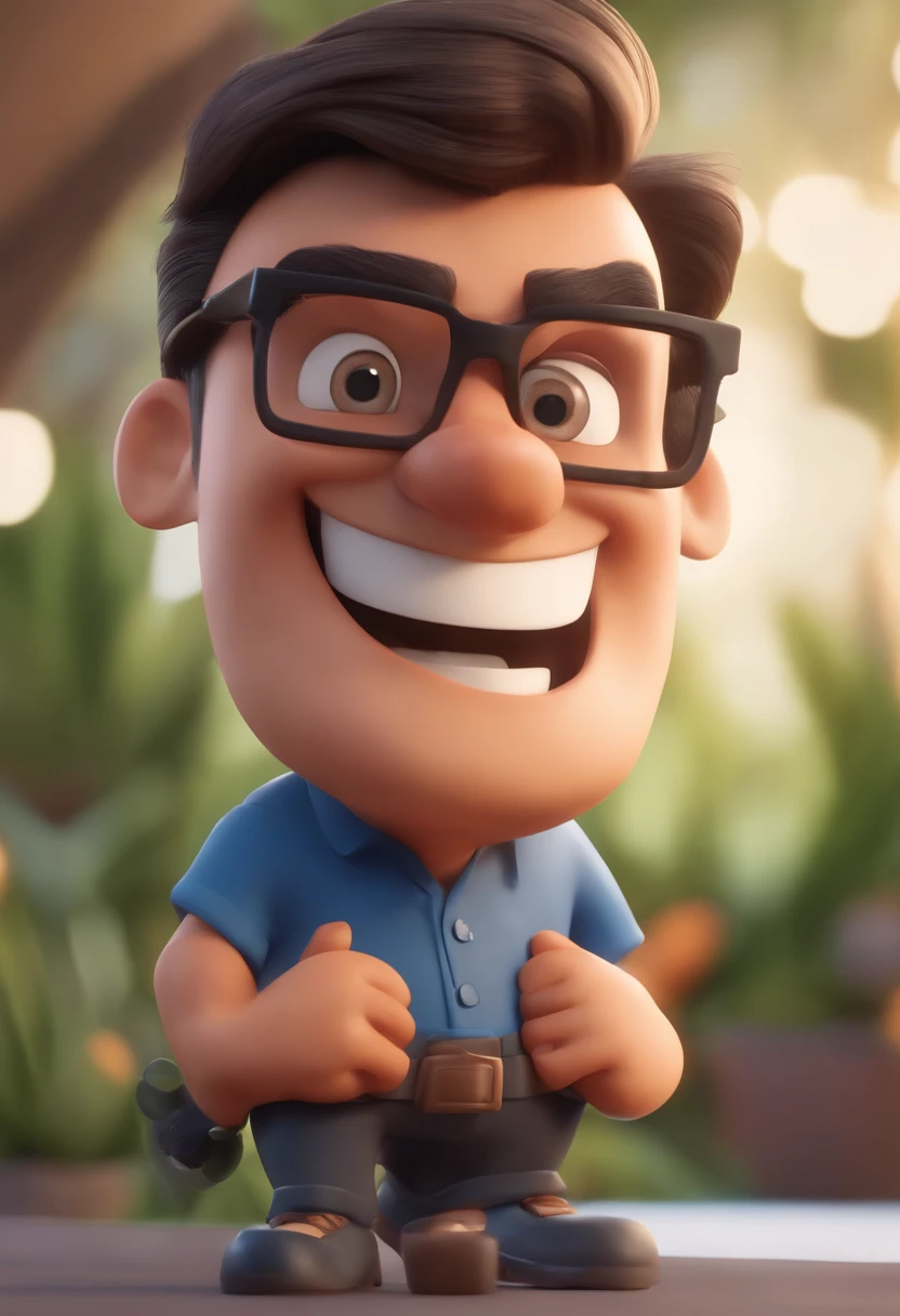 Cartoon character of a man wearing black glasses and a blue shirt, um personagem animado, Caractere estilizado, animation style rendering, 3D estilizado, Arnold Maya render, 3 d render stylized, toon render keyshot, Personagem 3D, Personagem 3D, 3d rendering stylized, 3 d character render, personagem de desenho animado, Personagem de close up, Pose de personagem, (Estilo Pixar) (master part:1.2) (Bokeh) (best quality) (pele detalhada) (textura detalhada) (8k) (argila) (Cinematic lighting) (foco nítido，Senta e vaza a parte superior do corpo