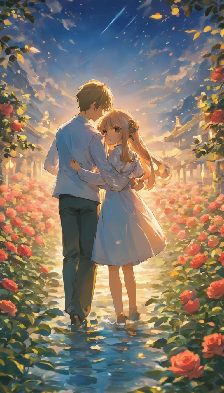 Poster production,In a romantic atmosphere,couple cuddling,Stroll through the Sea of Roses,Under the blue sky and white clouds,Tanabata Chinese style,Feel the romantic theme of Valentine's Day。Full moon,Moon rabbit