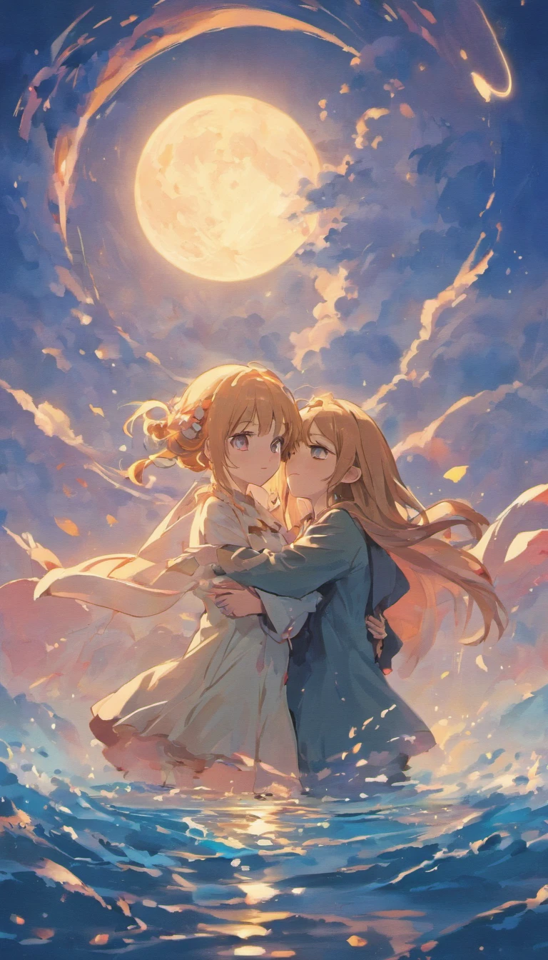 Poster production,In a romantic atmosphere,couple cuddling,Stroll through the Sea of Roses,Under the blue sky and white clouds,Tanabata Chinese style,Feel the romantic theme of Valentine's Day。Full moon,Moon rabbit