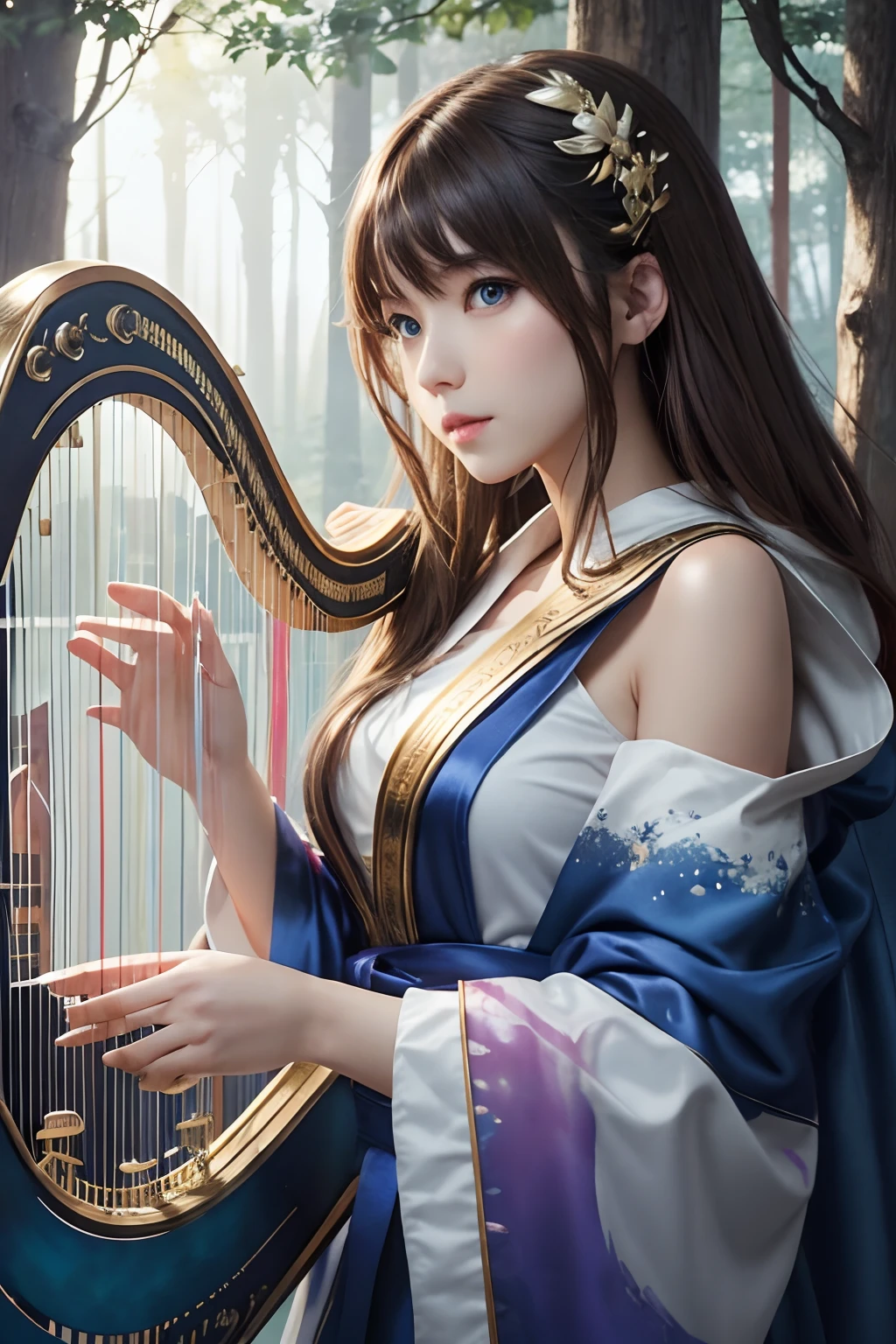 hightquality、8K Ultra HD、fullllbody、A 16-year-old female harpist is playing the harp、robe blanche、light brown hair、Blue eyes、(There is a nice healing forest in the background)、cute little、Beautiful fece、portlate、A kitten、art by:Alberto Seveso、Symmetrical、Abstract art style、Complex and intricate watercolor painting 、digitial painting、explosion of colors、concept-art、Volumetric lighting、TanvirTamim、metal reflective、2d render、8K。 by artgerm、Trending on ArtStation