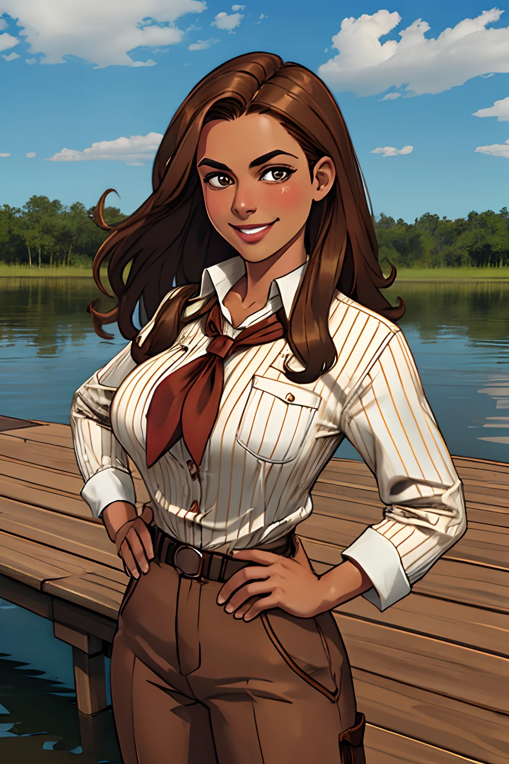 Abigail, bronze skin, brown hair, medium length hair, red neckerchief, white pinstripe button shirt, buttons stretched, brown pants, gun strapped on hip, huge breasts, smile, centerfold pose, Amazon river, standing on dock