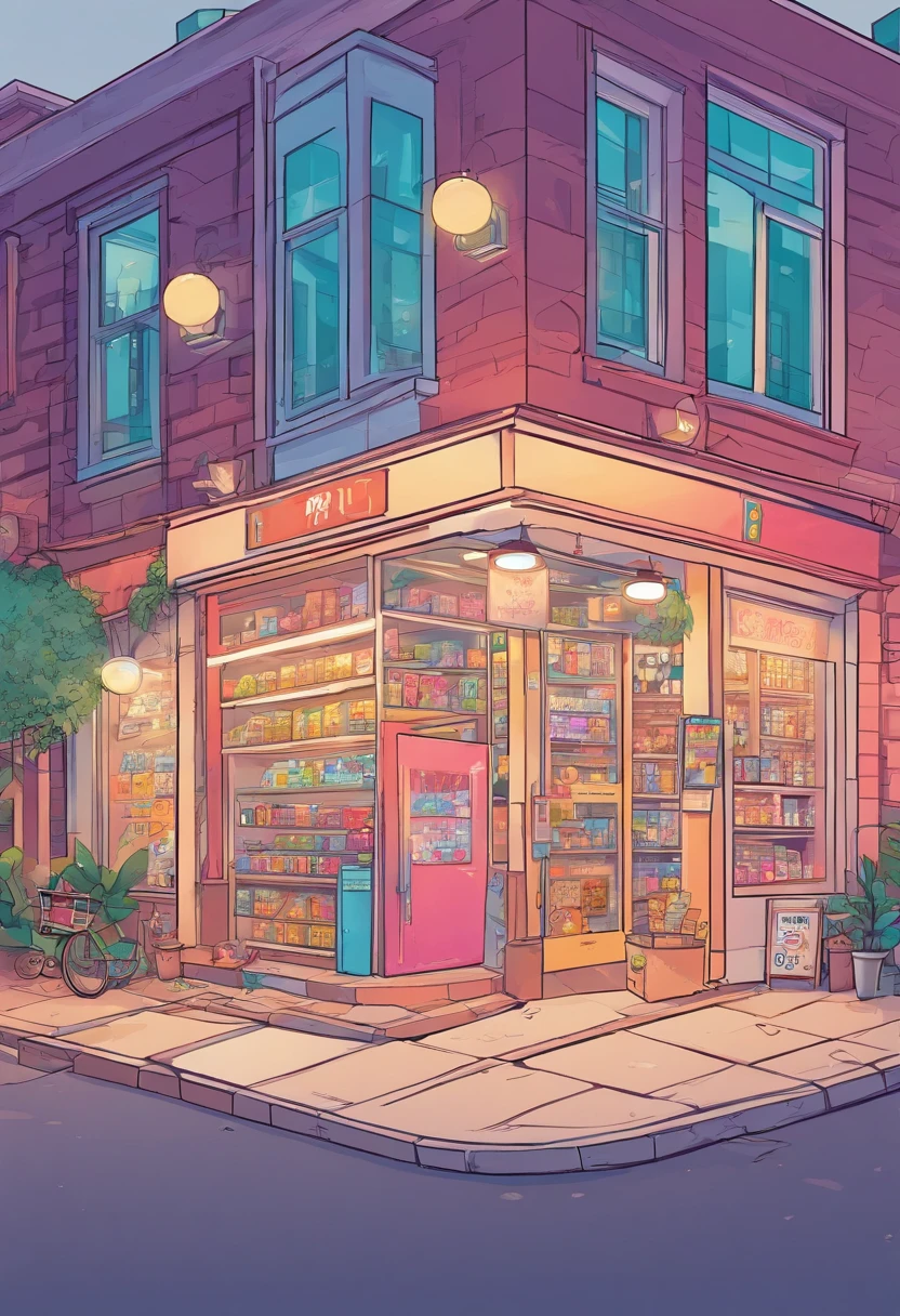 convenience store, isometric, ao ar livre, frente da porta, luz fraca, cor pastel, aesthetic