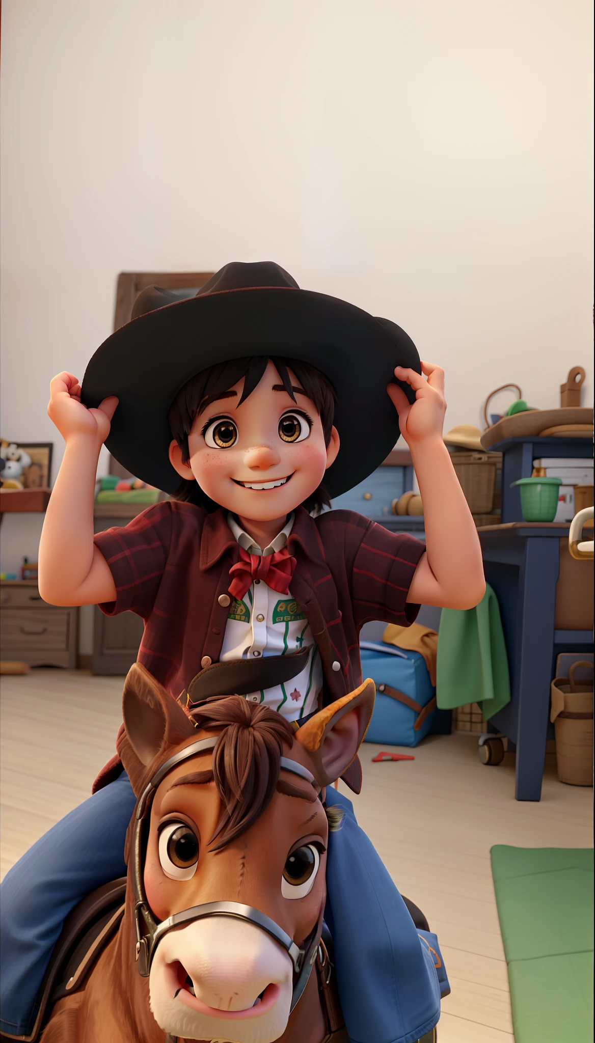 a  smiling, looking forward, wearing a cowboy hat, on top of a horse, playing cowboy, inside the room