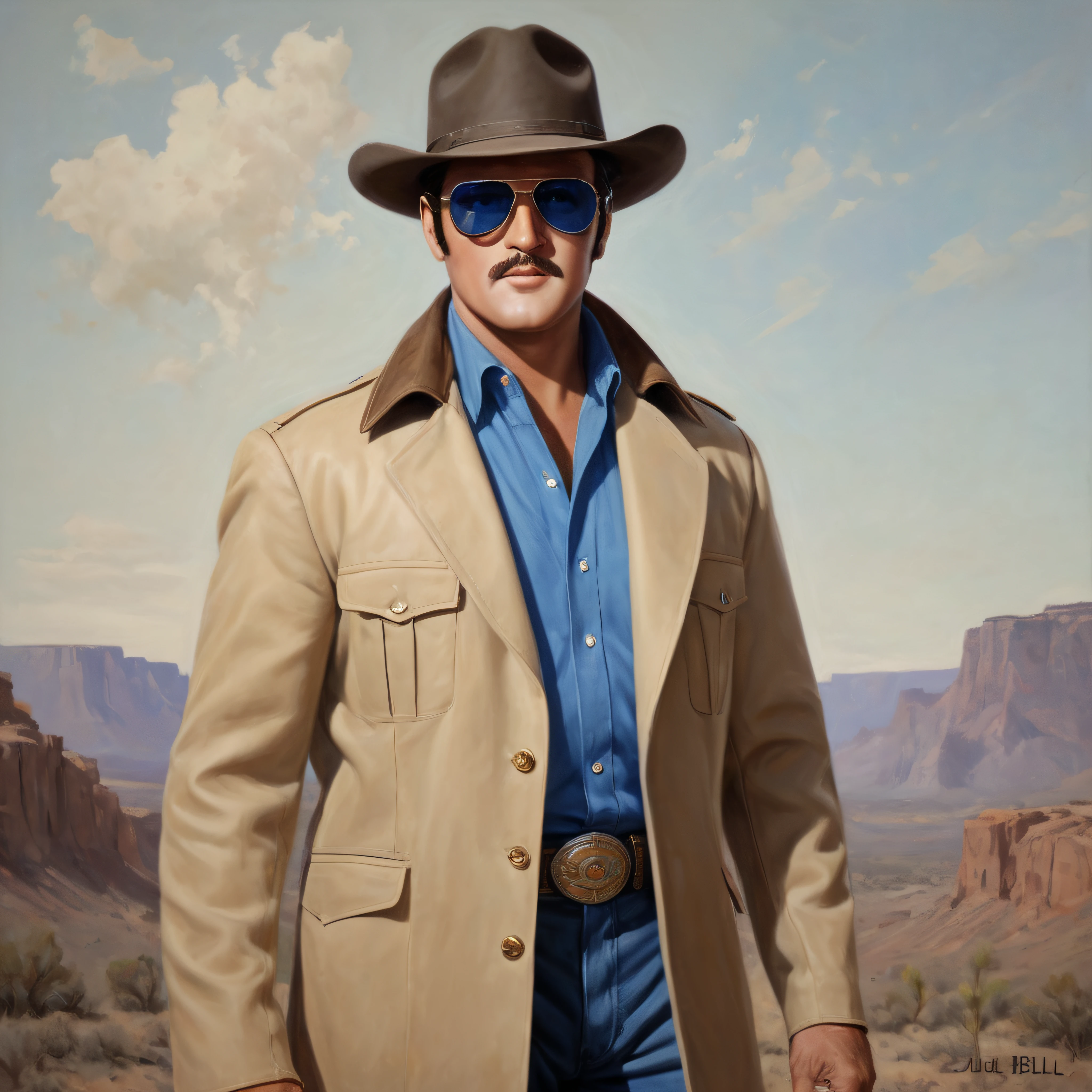 George Reeves/Lee Majors/Elvis Presley hybrid, 180 pound man with a mustache, wearing a tan jacket, a blue shirt, a dark brown Stetson cowboy hat, sunglasses, extremely short, buzz-cut hair and a thin, dark mustache, cobalt-blue eyes, oil painting on canvas in the art style of Julie Bell