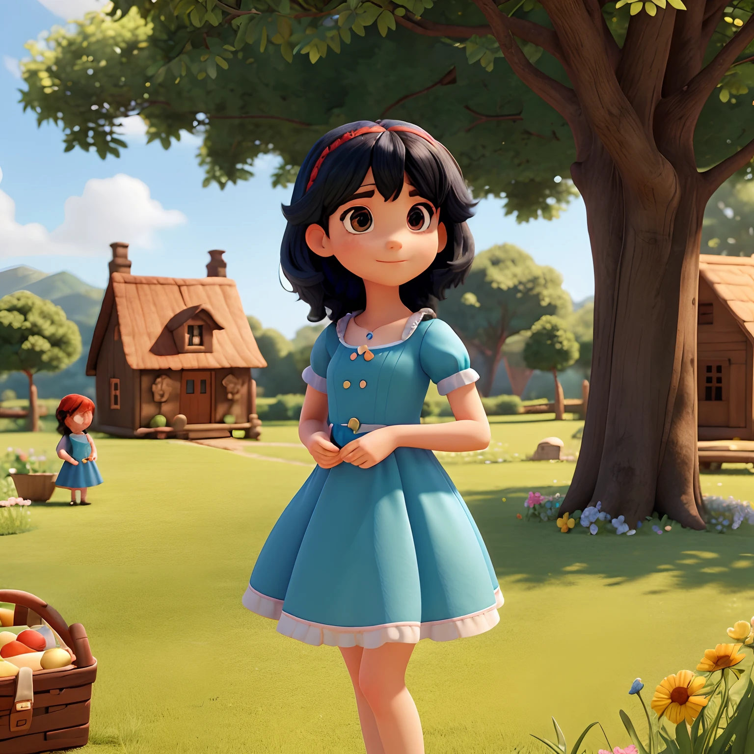 A girl with black hair in a blue dress with a small chest is her friend with red hair is green dress with small chest the two of them had an idea to have a picnic in the garden full of frores behind them has a house