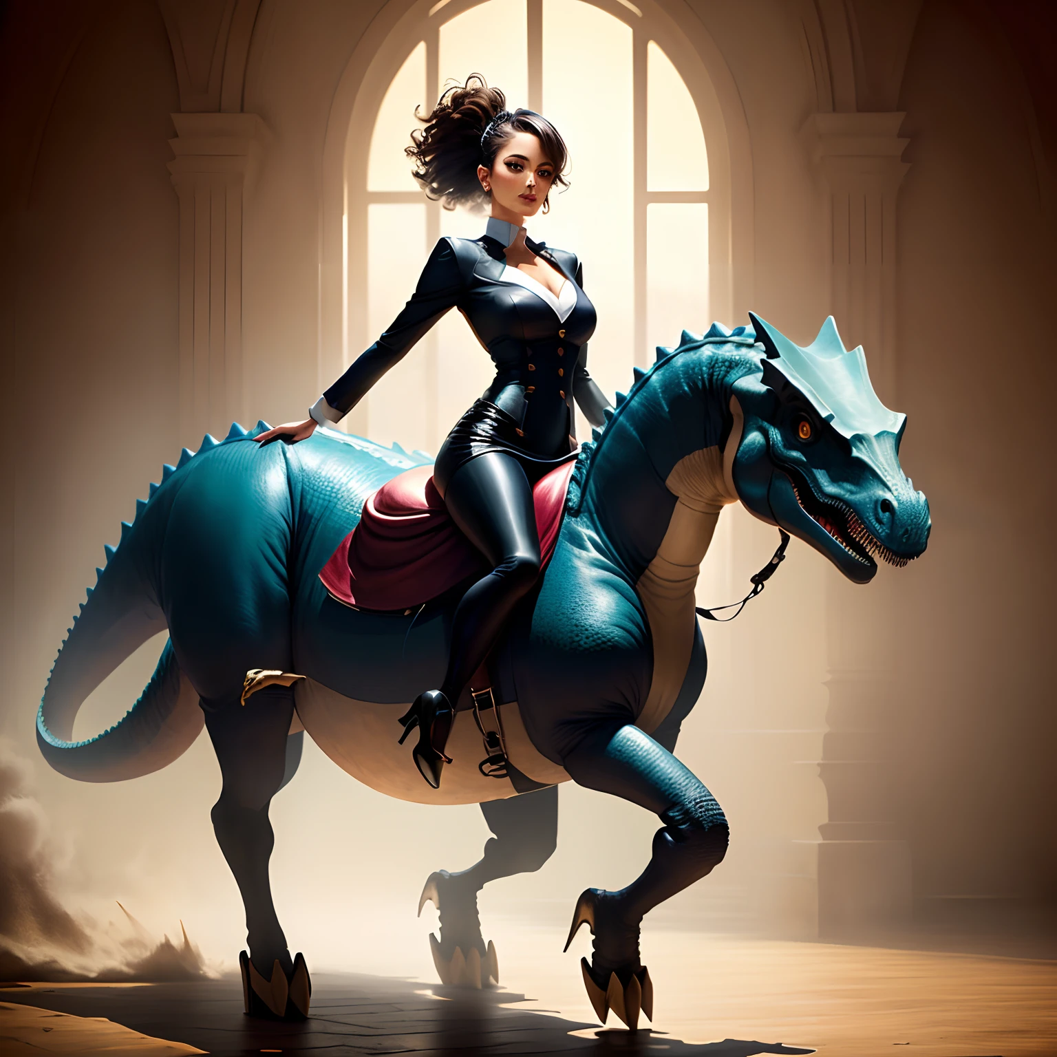 Beautiful woman riding a dinosaur with long legs in black silk high heels
