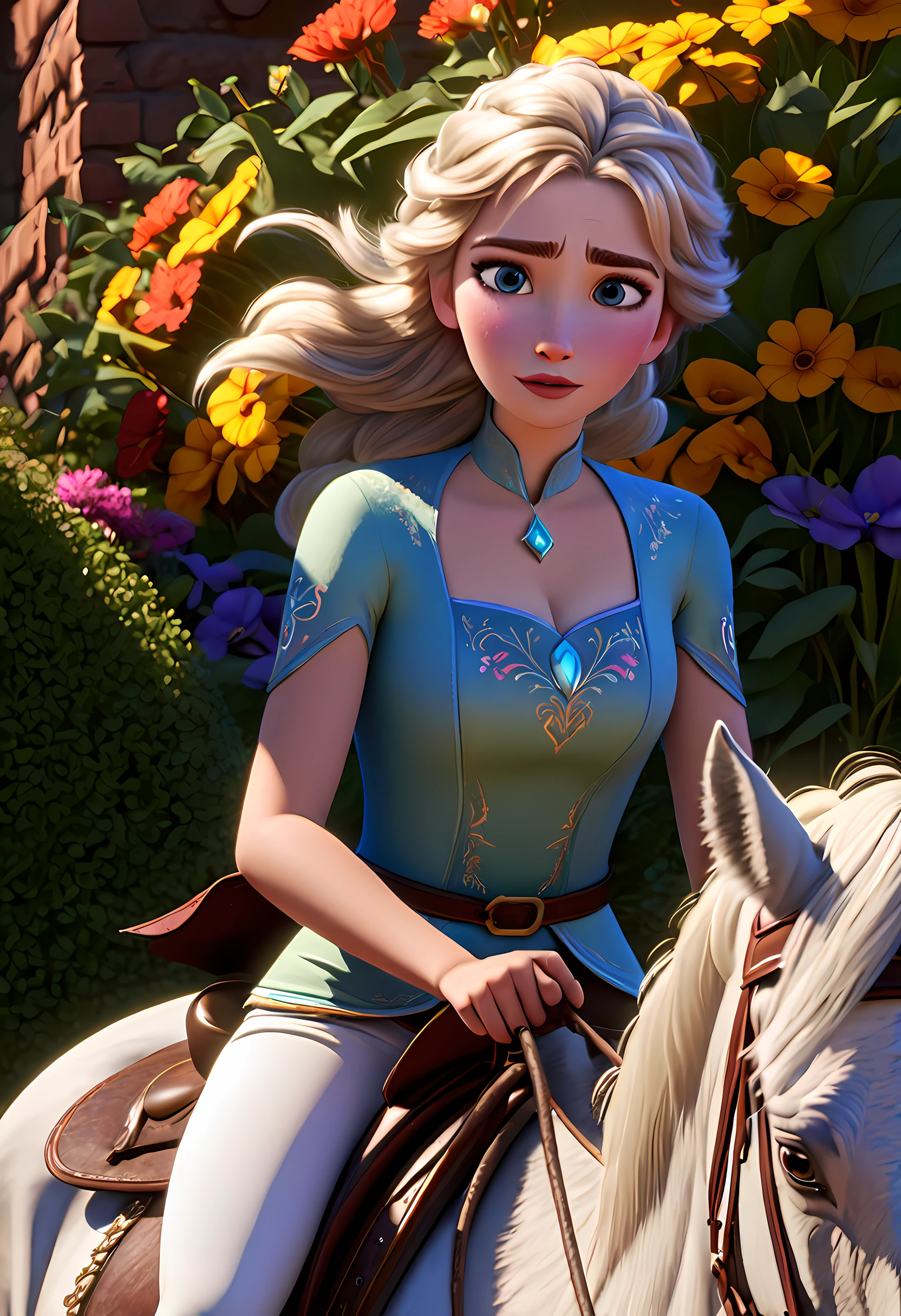 A girl riding a horse, with Elsa from "Frozen 2" as the main subject. The girl has beautiful detailed eyes, white leggings,beautiful detailed lips, and an extremely detailed face. Her eyelashes are long. The horse is majestic and powerful. The scene is set in a garden with vibrant flowers and lush greenery. The lighting is soft and warm, creating a magical atmosphere. The artwork is rendered in a Pixar style, with vivid colors and sharp focus. The image is of the best quality, with a resolution of 4k, 8k, or even higher. It is an ultra-detailed and realistic depiction, almost photo-realistic.