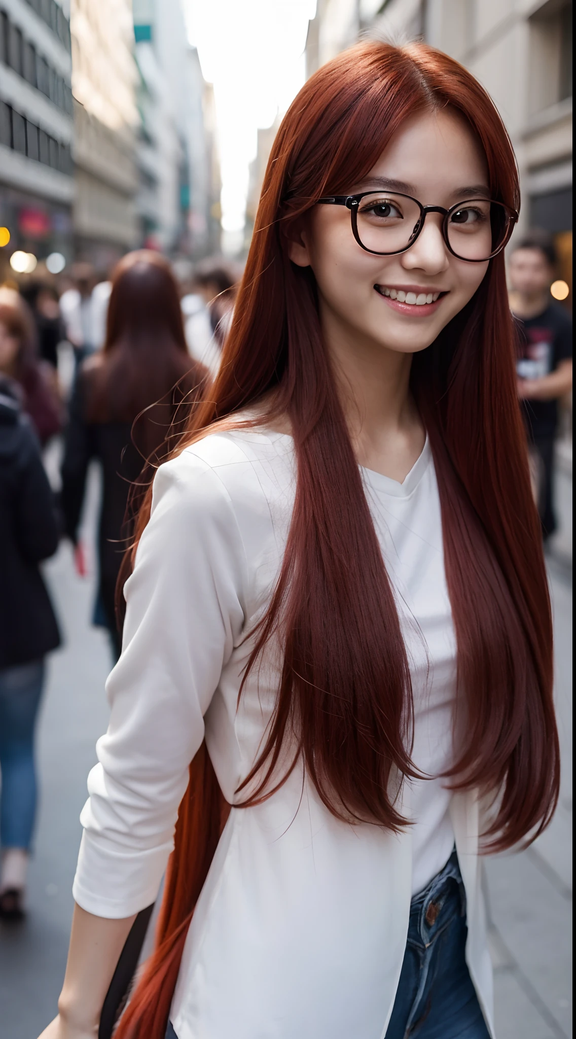 A cute long-haired, red-haired Japanese girl wearing glasses turns around and smiles in a crowded city...