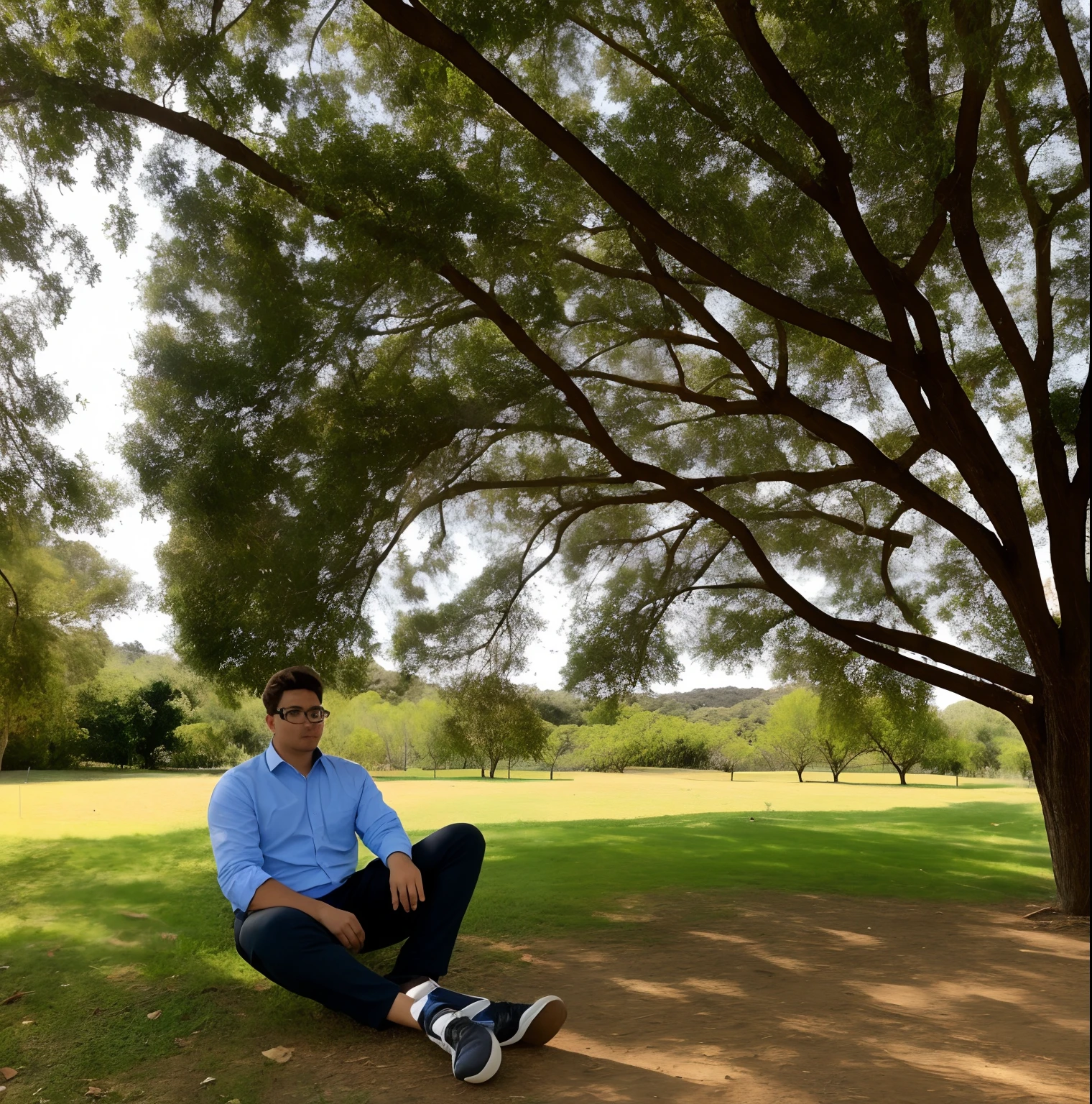 There's a bespectacled man sitting under a tree with a doughnut, imagem frontal, jewish young man with glasses, em torno de 1 9 anos, 18 anos, trees in the background, 1 6 anos, 1 9 anos, imagem de qualidade muito baixa, 2 3 anos, 21 anos, ele tem cerca de 20 anos