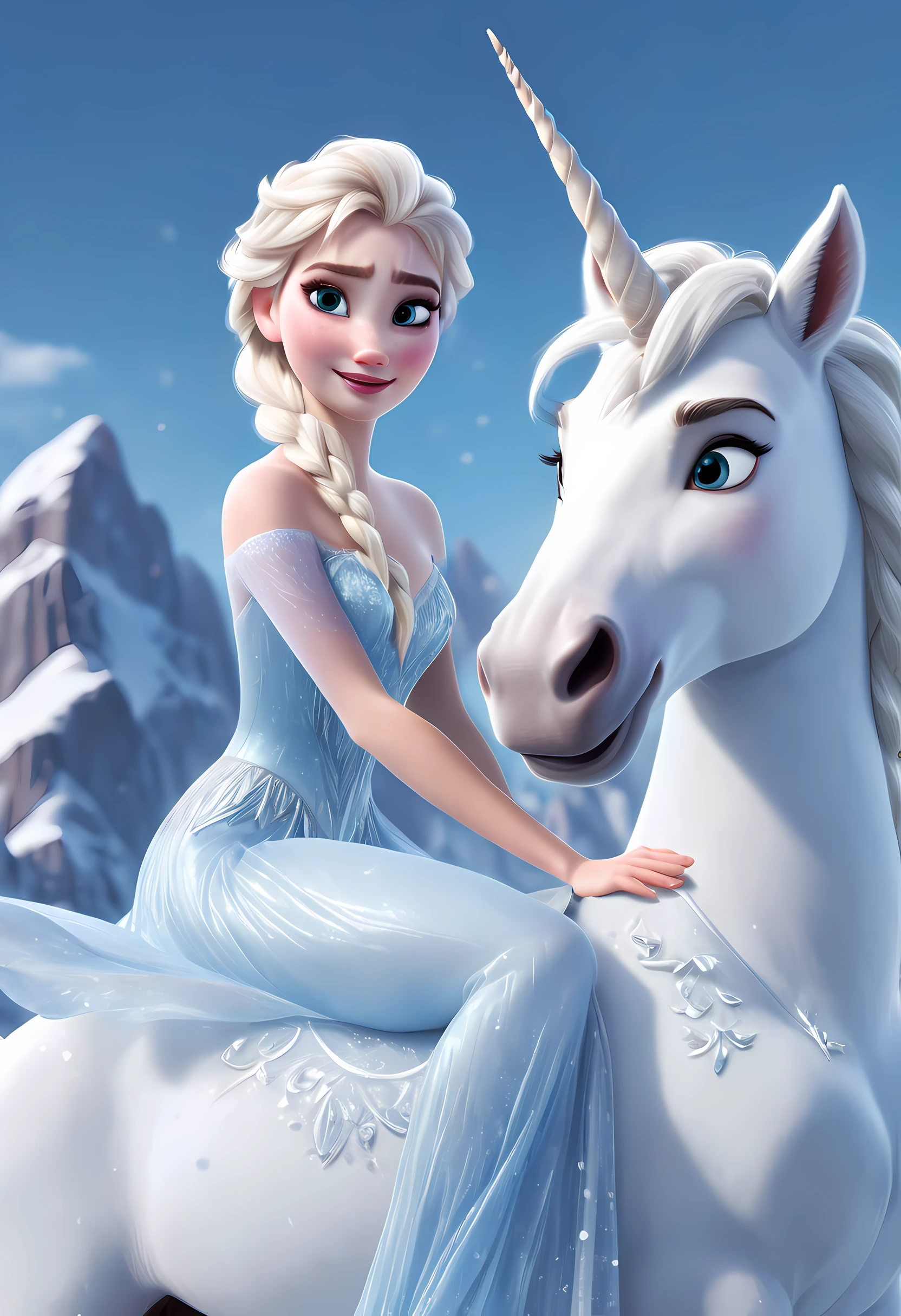 (best quality,4k,8k,highres,masterpiece:1.2),ultra-detailed,(realistic,photorealistic,photo-realistic:1.37),Pixar style:2,Elsa from "Frozen 2",riding a white unicorn,translucent gown made of chiffon,white skinny pants,full body shot,snow-covered icy landscape,magical aura,beautiful detailed eyes,beautiful detailed lips,extremely detailed eyes and face,longeyelashes