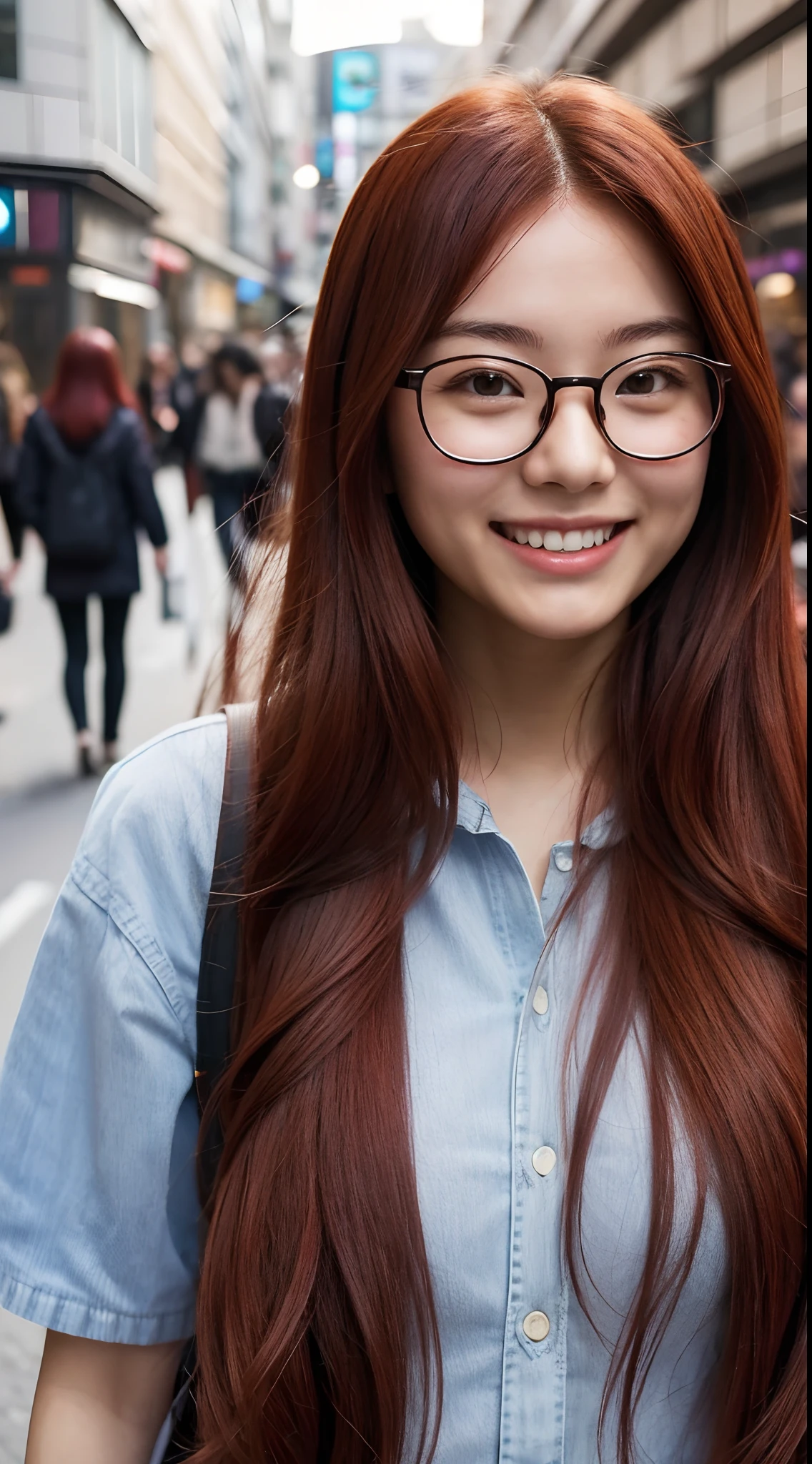 A cute long-haired, red-haired Japanese girl wearing glasses turns around and smiles in a crowded city...