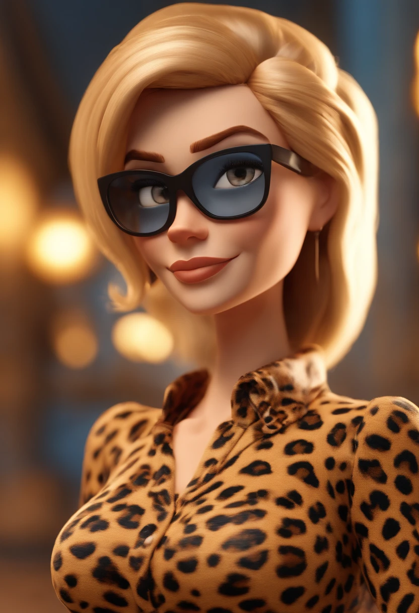Cartoon character of a blonde woman with straight hair medium size, olhos castanhos, Wearing leopard glasses, uma camisa azul, um personagem animado, Caractere estilizado, animation style rendering, 3D estilizado, Arnold Maya render, 3 d render stylized, toon render keyshot, Personagem 3D, Personagem 3D, 3d rendering stylized, 3 d character render, personagem de desenho animado, Personagem de close up, Pose de personagem, (Estilo Pixar) (master part:1.2) (Bokeh) (best quality) (pele detalhada) (textura detalhada) (8k) (argila) (Cinematic lighting) (foco nítido，Senta e vaza a parte superior do corpo