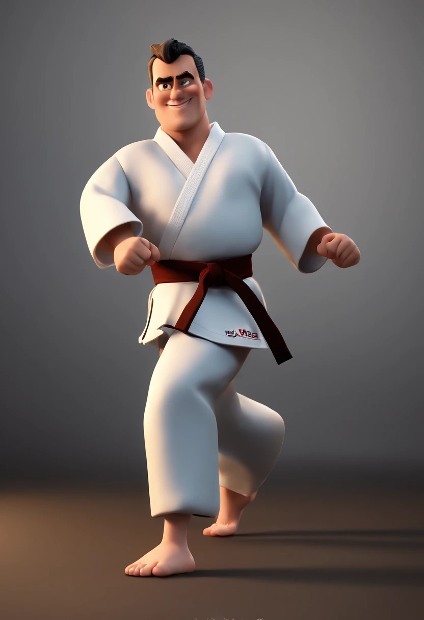 Cartoon character of a man in karate kimono, fundo de academia, rosto estilo Pixar, animation character, Caractere estilizado, animation style rendering, 3D estilizado, Arnold Maya render, 3 d render stylized, toon render keyshot, Personagem 3D, Personagem 3D, 3d rendering stylized, 3 d character render, personagem de desenho animado, Personagem de close up, Pose de personagem, (Estilo Pixar) (master part:1.2) (Bokeh) (best quality) (pele detalhada) (textura detalhada) (8k) (argila) (Cinematic lighting) (foco nítido