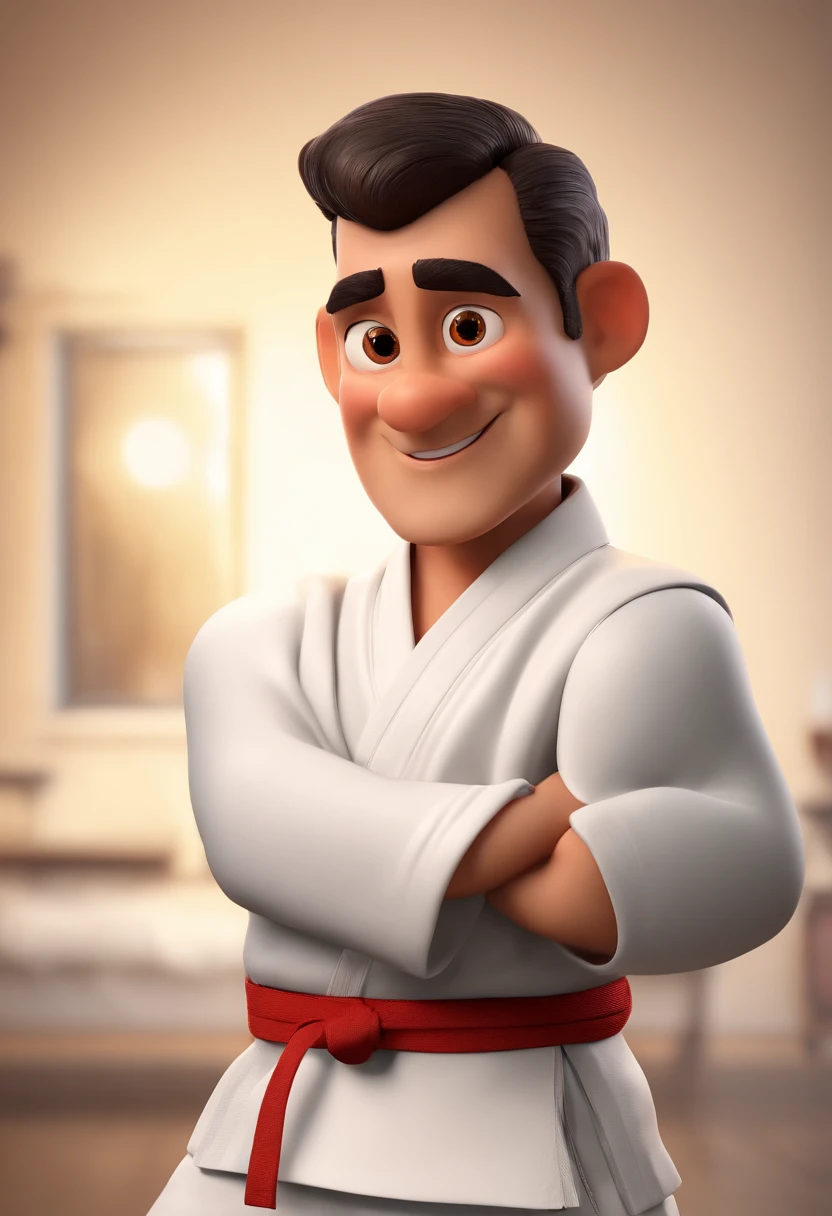 Cartoon character of a man in karate kimono, fundo de academia, rosto estilo Pixar, animation character, Caractere estilizado, animation style rendering, 3D estilizado, Arnold Maya render, 3 d render stylized, toon render keyshot, Personagem 3D, Personagem 3D, 3d rendering stylized, 3 d character render, personagem de desenho animado, Personagem de close up, Pose de personagem,  (Estilo Pixar) (master part:1.2) (Bokeh) (best quality) (pele detalhada) (textura detalhada) (8k) (argila) (Cinematic lighting) (foco nítido