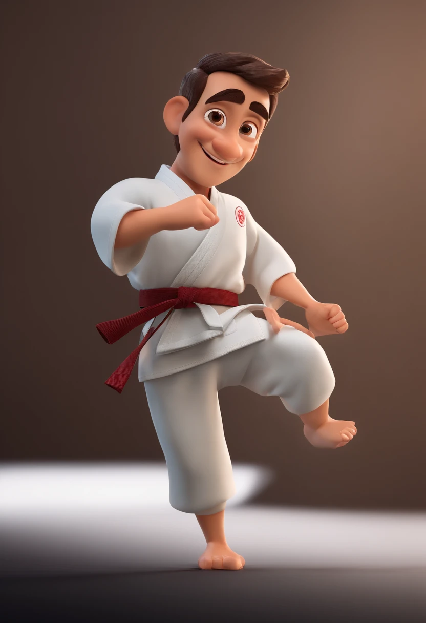 Cartoon character of a man in karate kimono, fundo de academia, rosto estilo Pixar, animation character, Caractere estilizado, animation style rendering, 3D estilizado, Arnold Maya render, 3 d render stylized, toon render keyshot, Personagem 3D, Personagem 3D, 3d rendering stylized, 3 d character render, personagem de desenho animado, Personagem de close up, Pose de personagem, (Estilo Pixar) (master part:1.2) (Bokeh) (best quality) (pele detalhada) (textura detalhada) (8k) (argila) (Cinematic lighting) (foco nítido