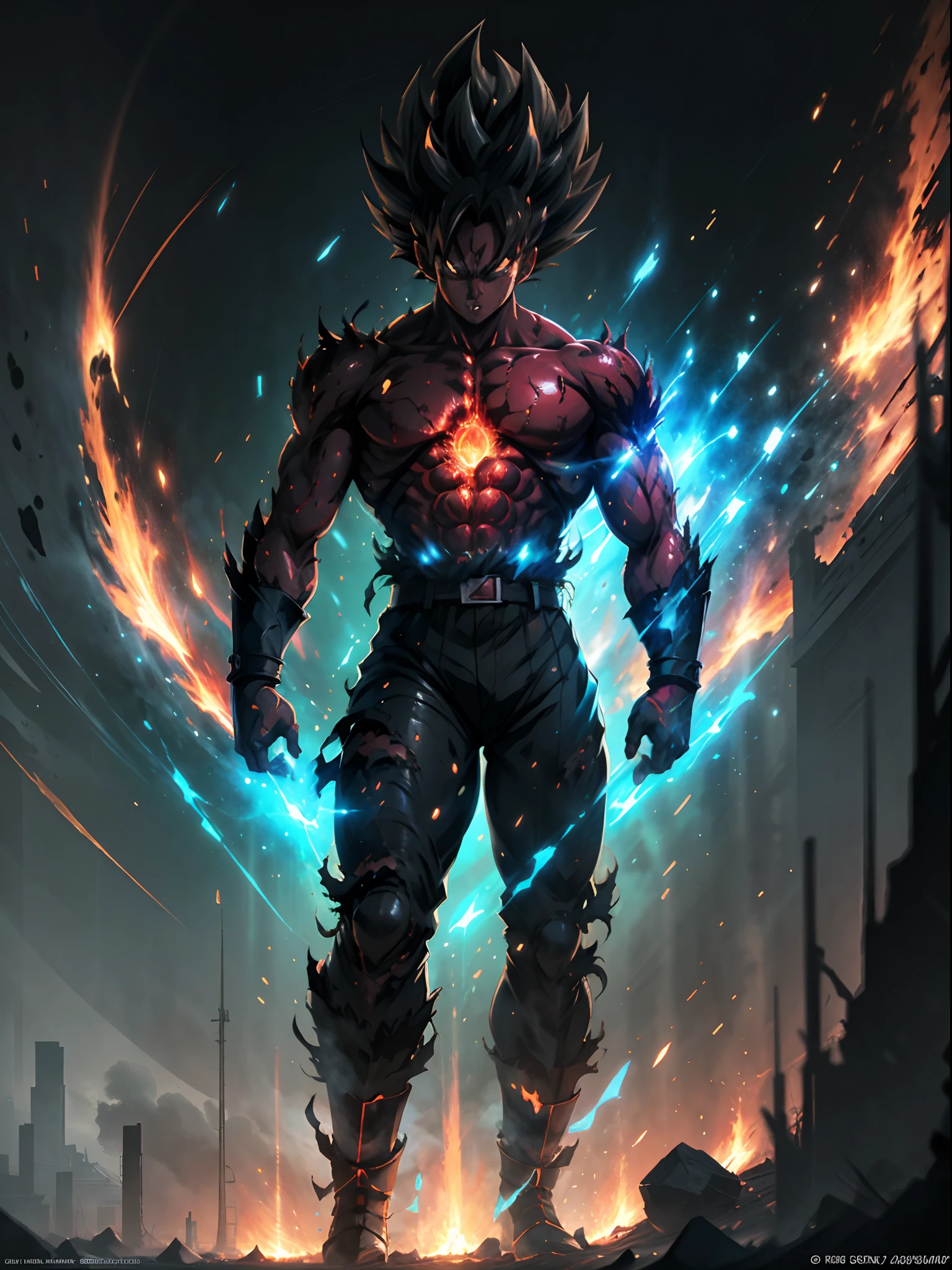 Black demon god with handsome face, glowing red eyes, transformed state mode, extreme instinct, epic anime about energy man, fire, lava, anime epic artwork, concept art Dragon Ball Universe concept, manga 8k wallpaper, detailed digital anime art, advanced digital anime art, detailed anime artwork, 8k badass anime