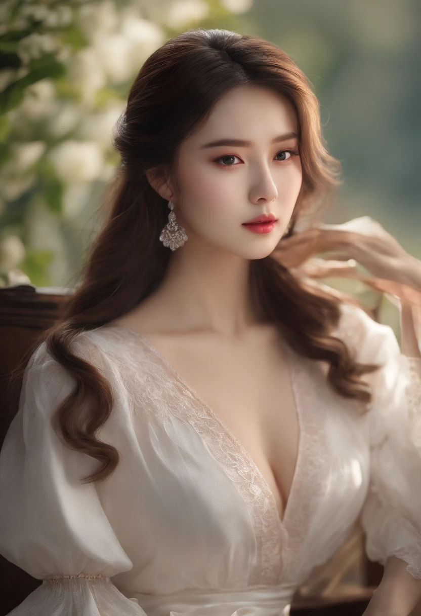 (best quality,4k,8k,highres,masterpiece:1.2),ultra-detailed,realistic,beautiful detailed eyes,beautiful detailed lips,extremely detailed eyes and face,longeyelashes,one korean girl,white blouse,transparent clothing,breasts visible,sitting on a chair,white clothing,detailed fabric texture,soft lighting,subtle shadow,subtle highlights,subtle reflection,pleasant expression,serene atmosphere,neutral background,vivid colors,portrait style,colorful background gradient,subtle pink and blue tones,crisp details,sharp focus,smooth skin texture.