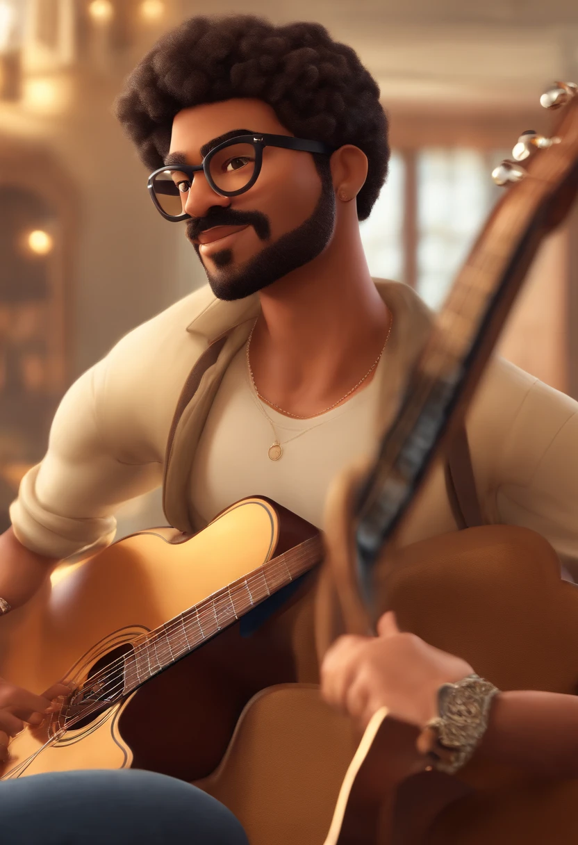 crie um banner no estilo Pixar. A man with Brazilian features brown, musculoso, Asian eyes, wearing goggles, usa bigode fino, com cabelos raspados e cacheados, Castanhos escuros e levemente acinzentados, usando roupa de rapper, Wearing jeans and holding a classical guitar with 7 strings.