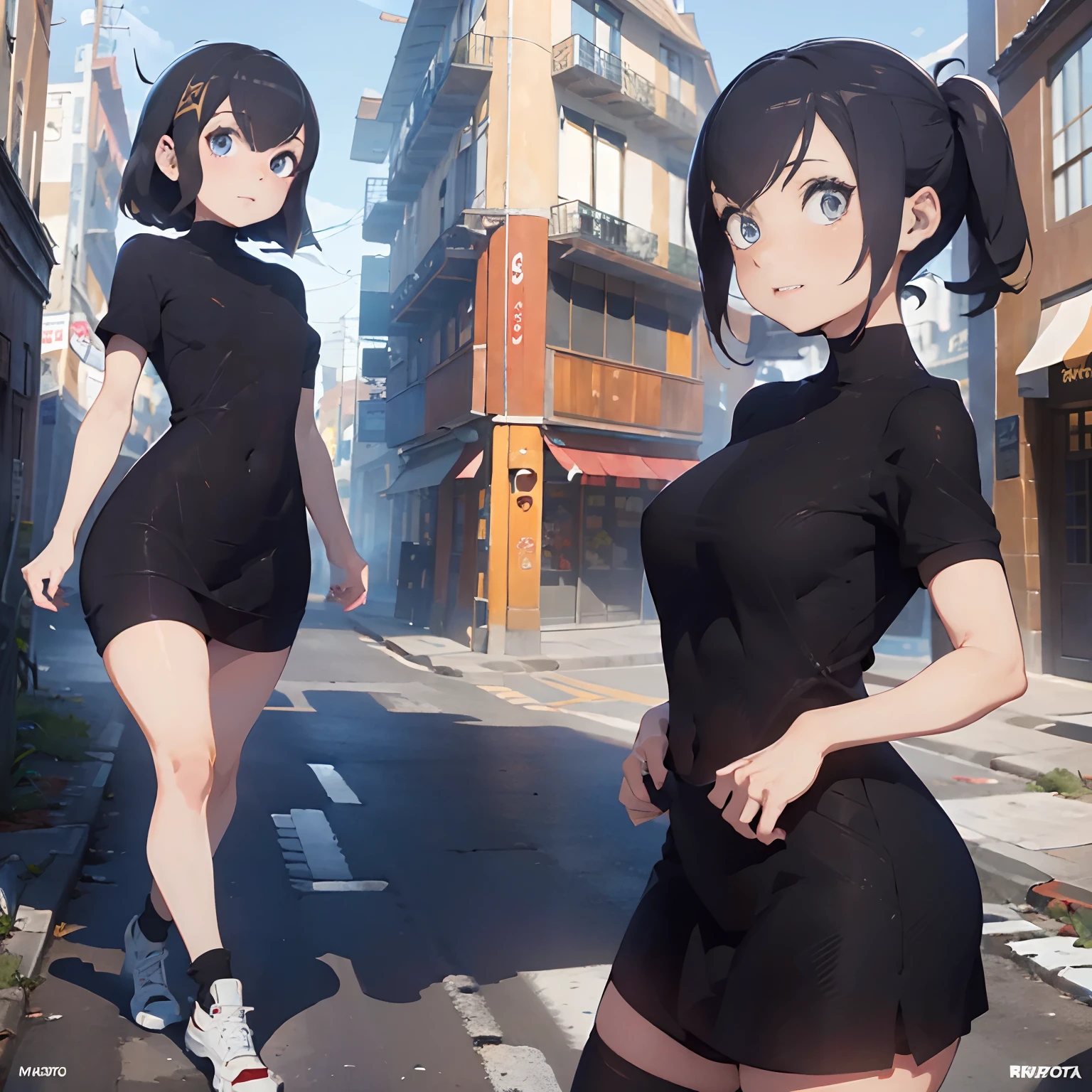 There's a woman in a short, vestido apertado andando pela rua, jovem Amouranth bonito, Amouranth, linda Delphine, Foto do perfil, mais conhecido como Amouranth, gothic city streets behind her, foto do perfil, na rua da cidade, corpo inteiro! cara bonita, full body cute young lady, imagem de perfil, vestido com roupas curto e cintura larga, coxas grossas, cabelo de cor escura, corpo definido, pose sexy. Succubus, mostrando calcinha.
