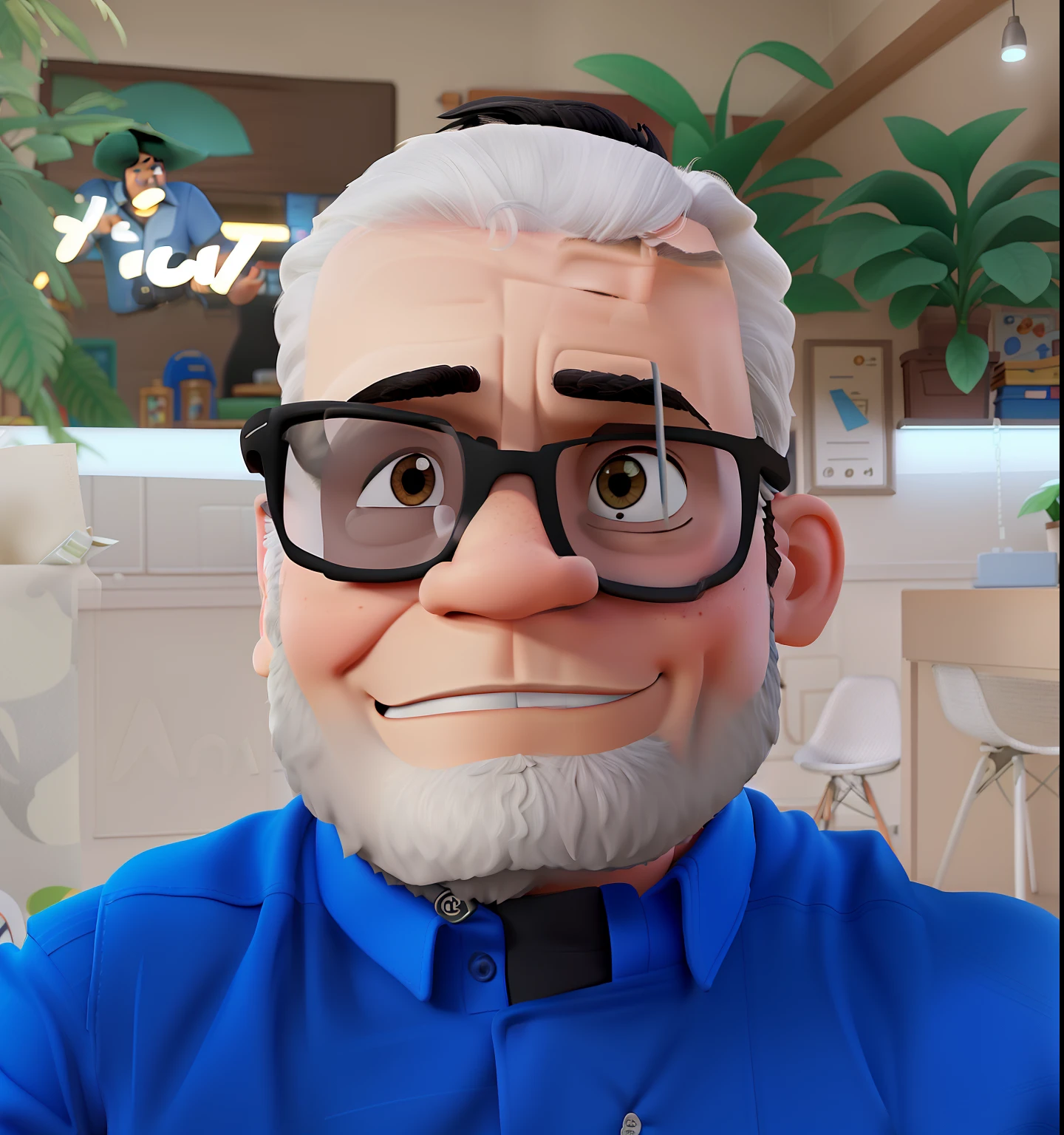 Loja no estilo Disney pixar, alta qualidade, melhor qualidade, homem sexy branco, 30 years old medium black hair black beard, musculoso, with background in an accessories store using the base image, The man wears a black polo shirt and is sitting behind the countertop with his cell phone in his hand