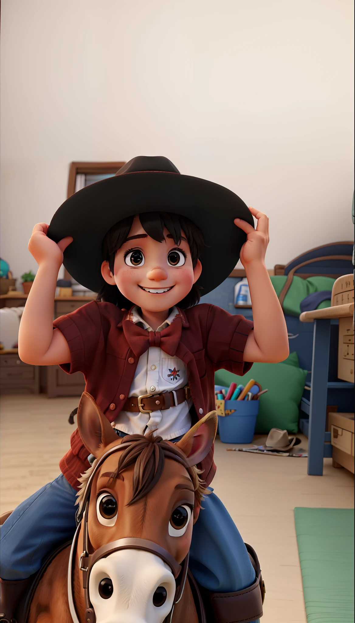 a smiling, looking forward, wearing a cowboy hat, on top of a horse, playing cowboy, inside the room