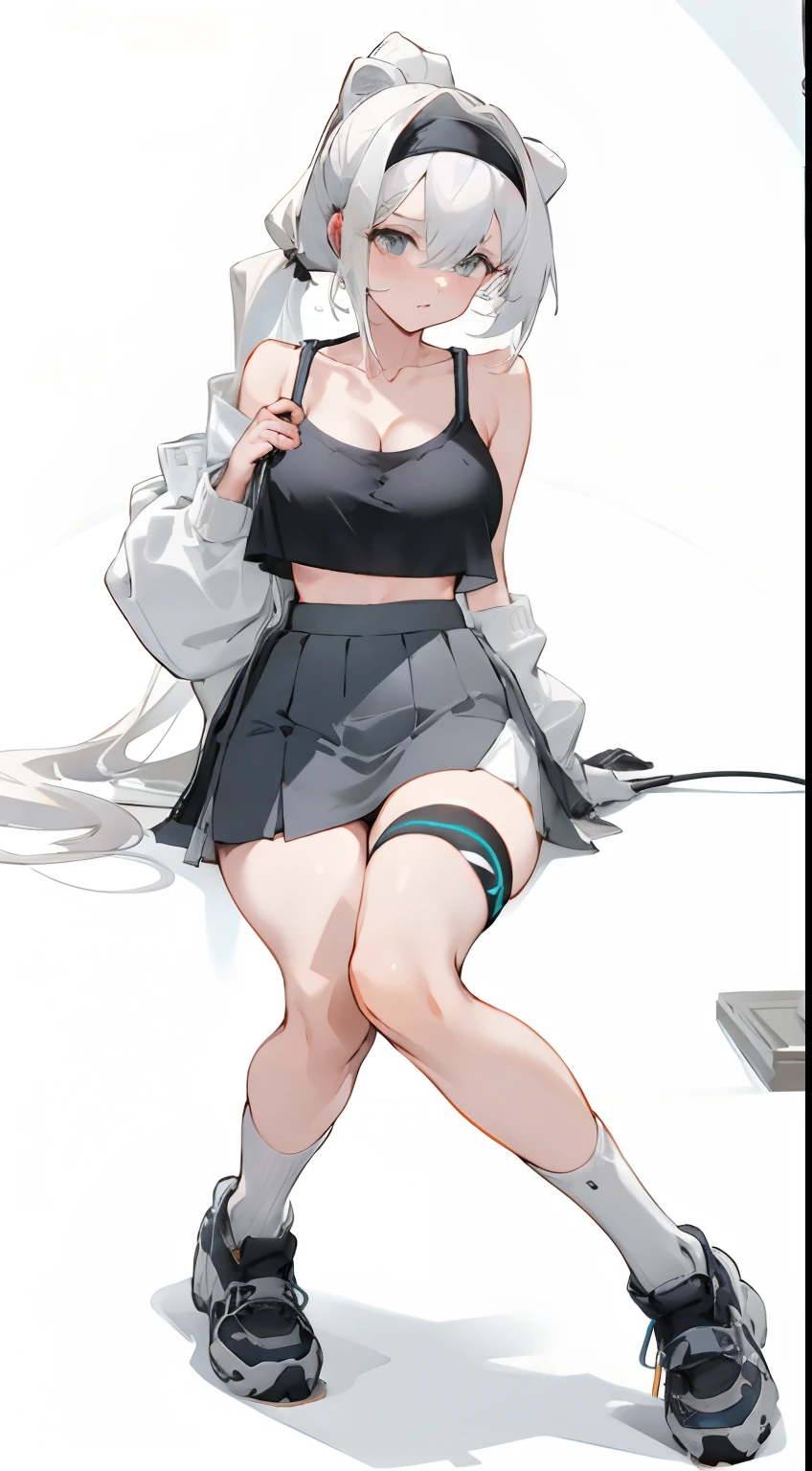 Bigboobs，cropped shoulders，White color hair，High ponytail，Stand up，sporty attire，camisole，Leakage out of the collarbone，Neck leakage，knee length socks，pleatedskirt，wearing headphone