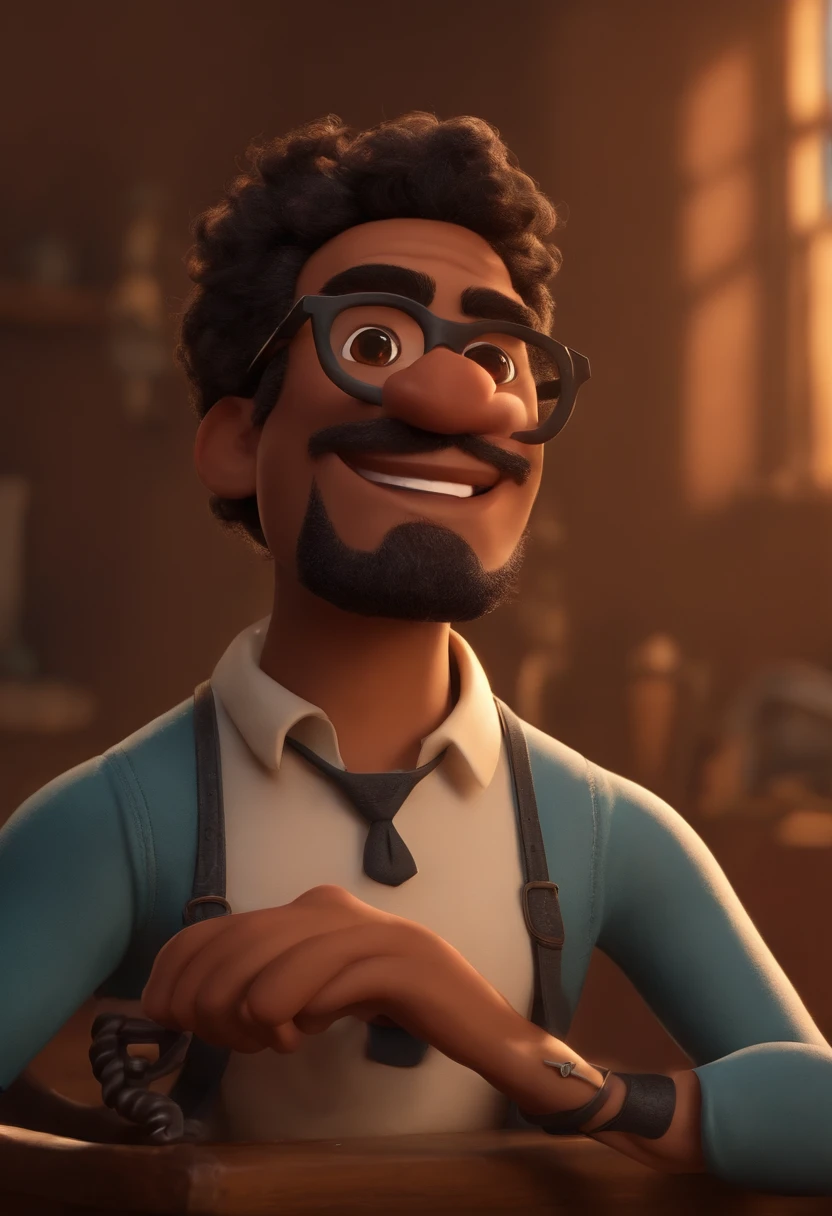 Um filme inspirado na Disney Pixar (HOMEM NEGRO DE 35 ANOS, grande, cabelo preto crespo, gradient haircut, uma pequena tatuagem na cara ao lado do olho esquerdo da nota musical Clave de sol, A large treble clef tattoo covering the arm and left thoracic region, Balbo beard without sideburns and a trimmed, suspended mustache with thin vision glasses and a round nose and white teeth) dentro A cena estar na arte distinta do estilo PIXAR, descolada e estilosa