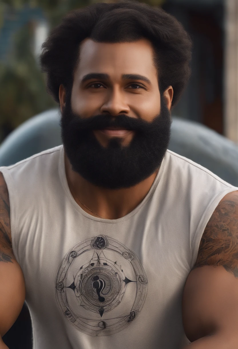 Um filme inspirado na Disney Pixar (HOMEM NEGRO DE 35 ANOS, grande, cabelo preto crespo, gradient haircut, uma pequena tatuagem na cara ao lado do olho esquerdo da nota musical Clave de sol, A large treble clef tattoo covering the arm and left thoracic region, Balbo beard without sideburns and a trimmed, suspended mustache with thin vision glasses and a round nose and white teeth) dentro A cena estar na arte distinta do estilo PIXAR, descolada e estilosa