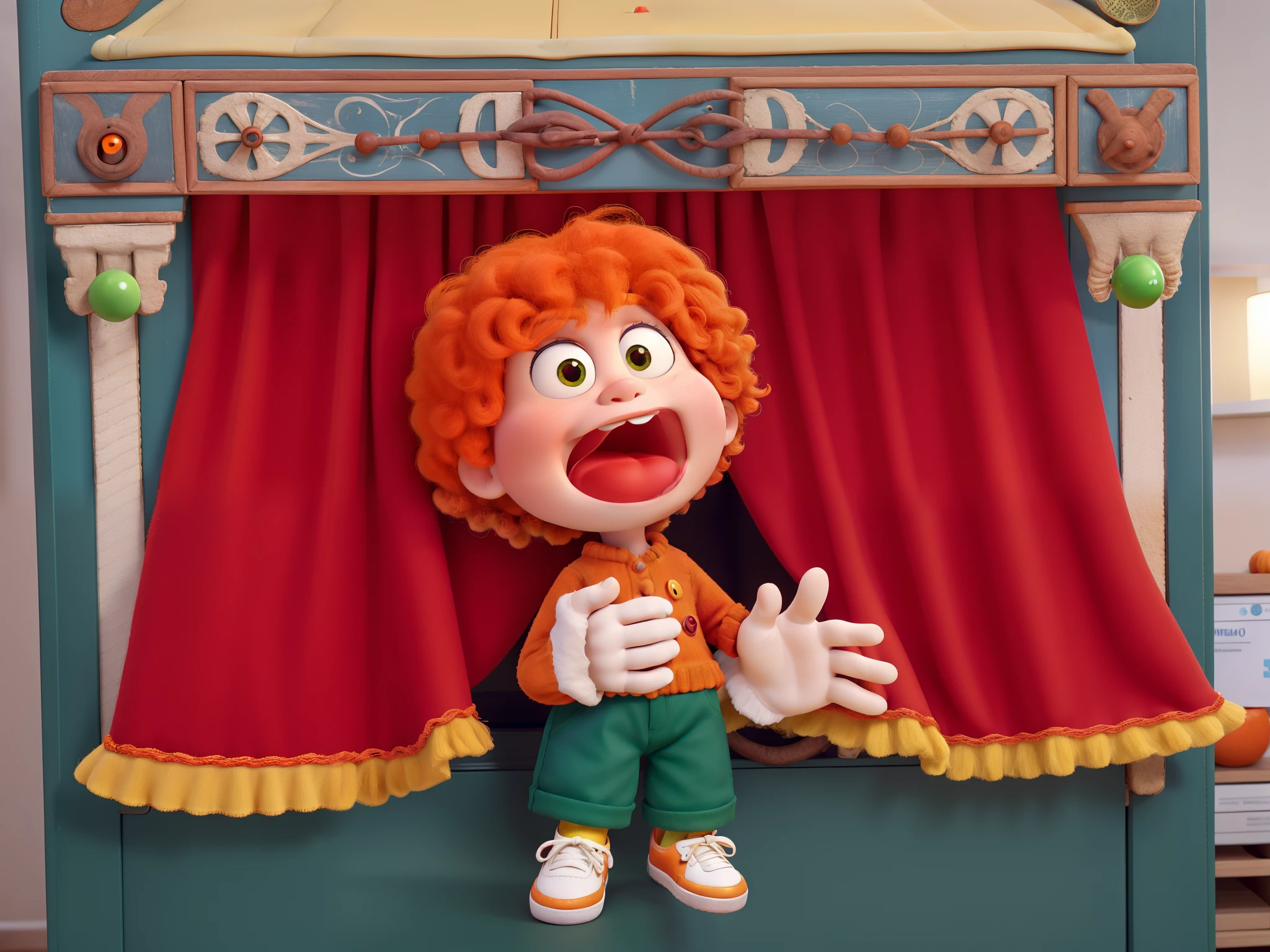 An orange wool hair doll, amarelo e vermelho, with button eyes, estilo Disney Pixar, com blusa vermelha, White glove hands, green pants, Yellow and red sneakers