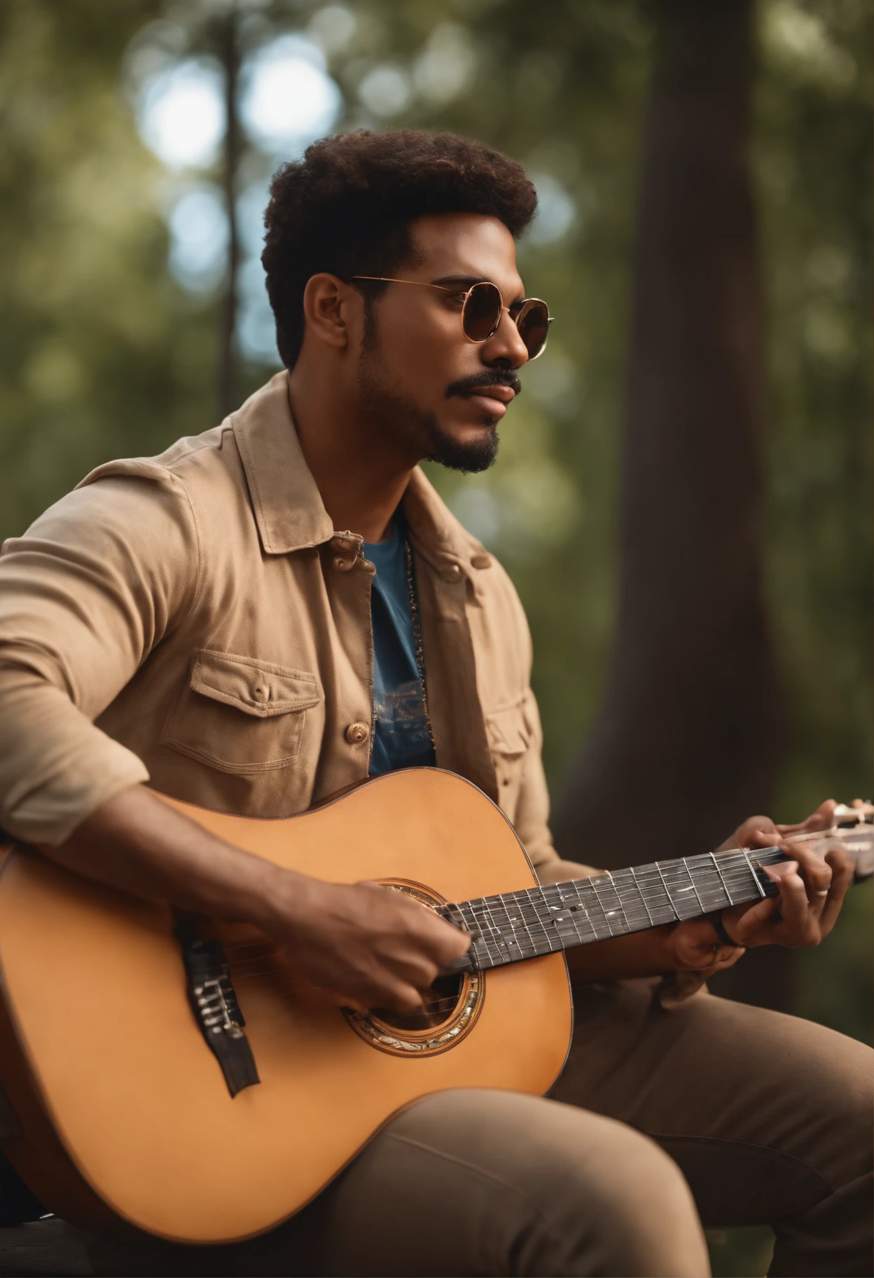 crie um banner no estilo Pixar. A man with Brazilian features brown, musculoso, Asian eyes, wearing goggles, usa bigode fino, com cabelos raspados e cacheados, Castanhos escuros e levemente acinzentados, usando roupa de rapper, Wearing jeans and holding a classical guitar with 7 strings.