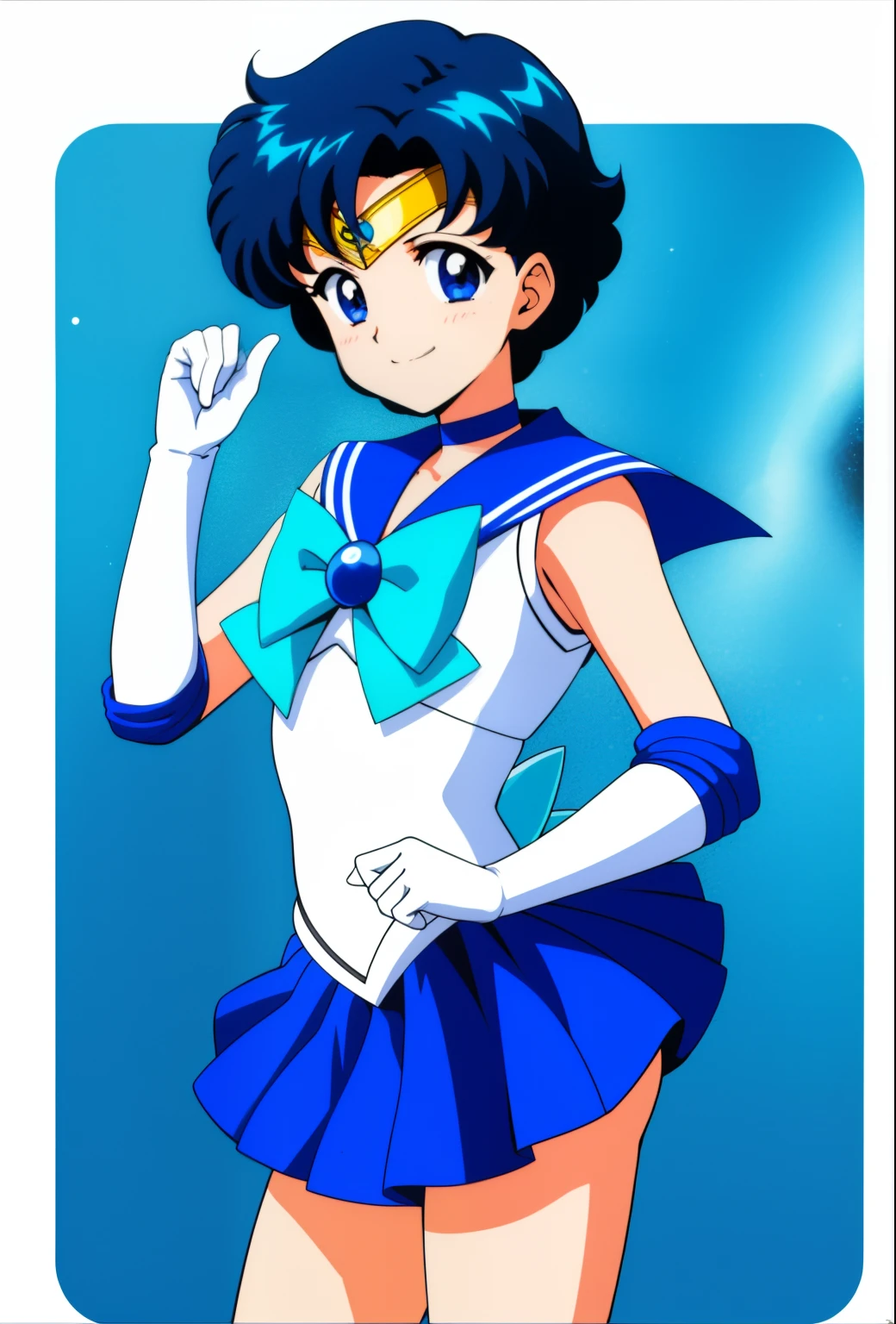 Anime Boy、Junior high school boys、gender change、gender change(Girls to boys)、Sailor Mercury、Ami Mizuno、Sailor Senshi Uniform、rating:safe、Blue choker、solo、Very short blue-haired boy、Blue-eyed boy、Blue sailor collar、Sky blue bow tie、skirt、Magical Boy、white glove、elbowgloves、jewelry、a blue skirt、bow、back_bow、White leotard、highleg leotard、robe blanche、耳Nipple Ring、smile、circlet、a miniskirt、pleatedskirt、official_style、cowboy_shot、looking_at_viewer、blue_theme、blue_bow、brooch、Bare shoulders、bare legs、(1990's\(styles\):0.9)、