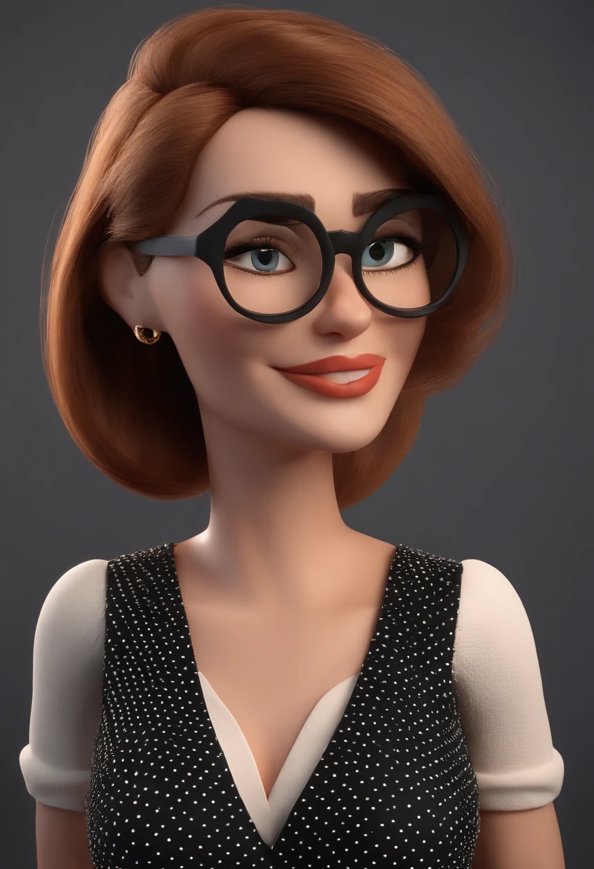 Cartoon character of a lady wearing beige glasses and a white dress of black polka dots, um personagem animado, Caractere estilizado, animation style rendering, 3D estilizado, Arnold Maya render, 3 d render stylized, toon render keyshot, Personagem 3D, Personagem 3D, 3d rendering stylized, 3 d character render, personagem de desenho animado, Personagem de close up, Pose de personagem, (Estilo Pixar) (master part:1.2) (Bokeh) (best quality) (pele detalhada) (textura detalhada) (8k) (argila) (Cinematic lighting) (foco nítido,Senta e vaza a parte superior do corpo