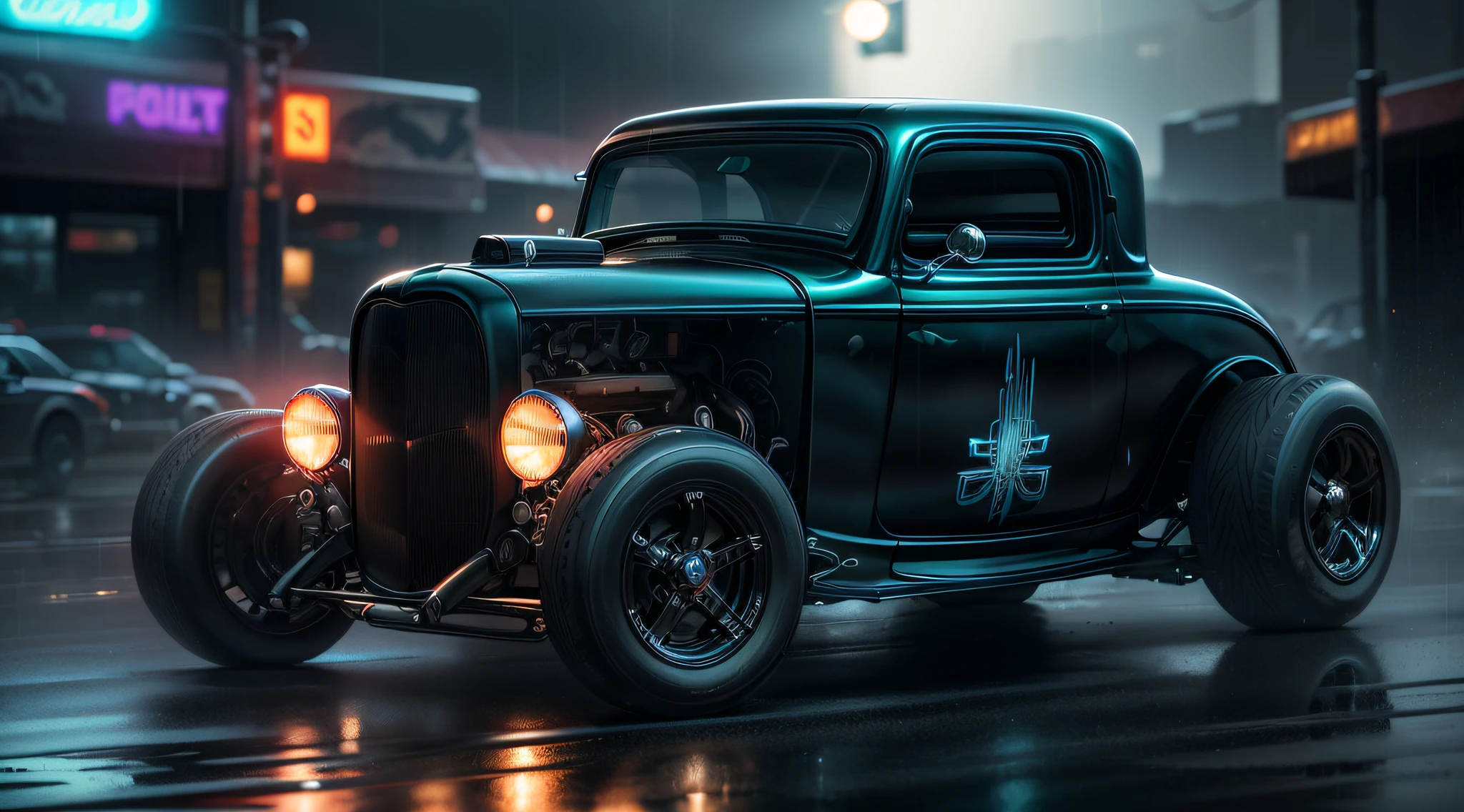 A rainy night in a cyberpunk city. The (((BLACK 1932 Ford Hot Rod))) bright is parked in a garage, the headlights on and the engine rumbling. The surrounding buildings are tall and slender, made of metal and glass. Neon lights flash in the windows, and the air is full of the sound of electronic music. The car is covered in rain, and the reflections of neon lights dance on the surface of the metal. The car's engine roars, and he speeds out of the garage and into the rainy night