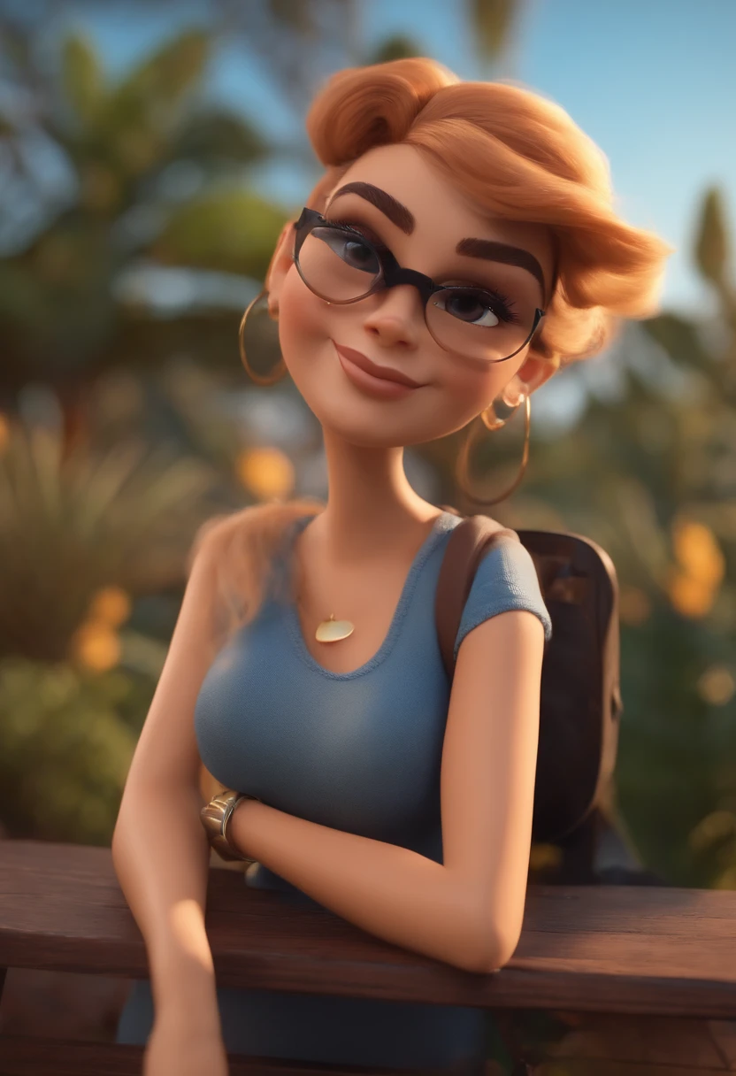Personagem dos desenhos animados de uma mulher loira com cabelo liso tamanho curto, 10 kilos acima do peso, olhos castanhos, Wearing leopard glasses, uma camisa azul, um personagem animado, Caractere estilizado, animation style rendering, 3D estilizado, Arnold Maya render, 3 d render stylized, toon render keyshot, Personagem 3D, Personagem 3D, 3d rendering stylized, 3 d character render, personagem de desenho animado, Personagem de close up, Pose de personagem, (Estilo Pixar) (master part:1.2) (Bokeh) (best quality) (pele detalhada) (textura detalhada) (8k) (argila) (Cinematic lighting) (foco nítido,Senta e vaza a parte superior do corpo
