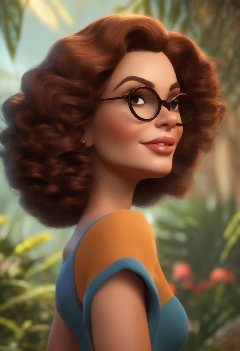 Personagem dos desenhos animados de uma mulher loira com cabelo liso tamanho curto, 10 kilos acima do peso, olhos castanhos, Wearing leopard glasses, uma camisa azul, um personagem animado, Caractere estilizado, animation style rendering, 3D estilizado, Arnold Maya render, 3 d render stylized, toon render keyshot, Personagem 3D, Personagem 3D, 3d rendering stylized, 3 d character render, personagem de desenho animado, Personagem de close up, Pose de personagem, (Estilo Pixar) (master part:1.2) (Bokeh) (best quality) (pele detalhada) (textura detalhada) (8k) (argila) (Cinematic lighting) (foco nítido，Senta e vaza a parte superior do corpo