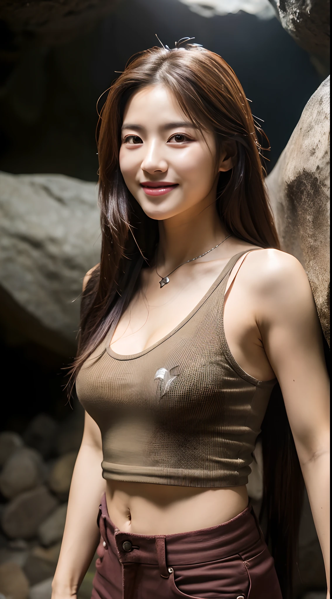 Realistic photos of (1 cute Korean star) medium hair, slightly smile, 32 inch breasts size, wearing tank top, pants, in cave, with crowded, close-up, UHD